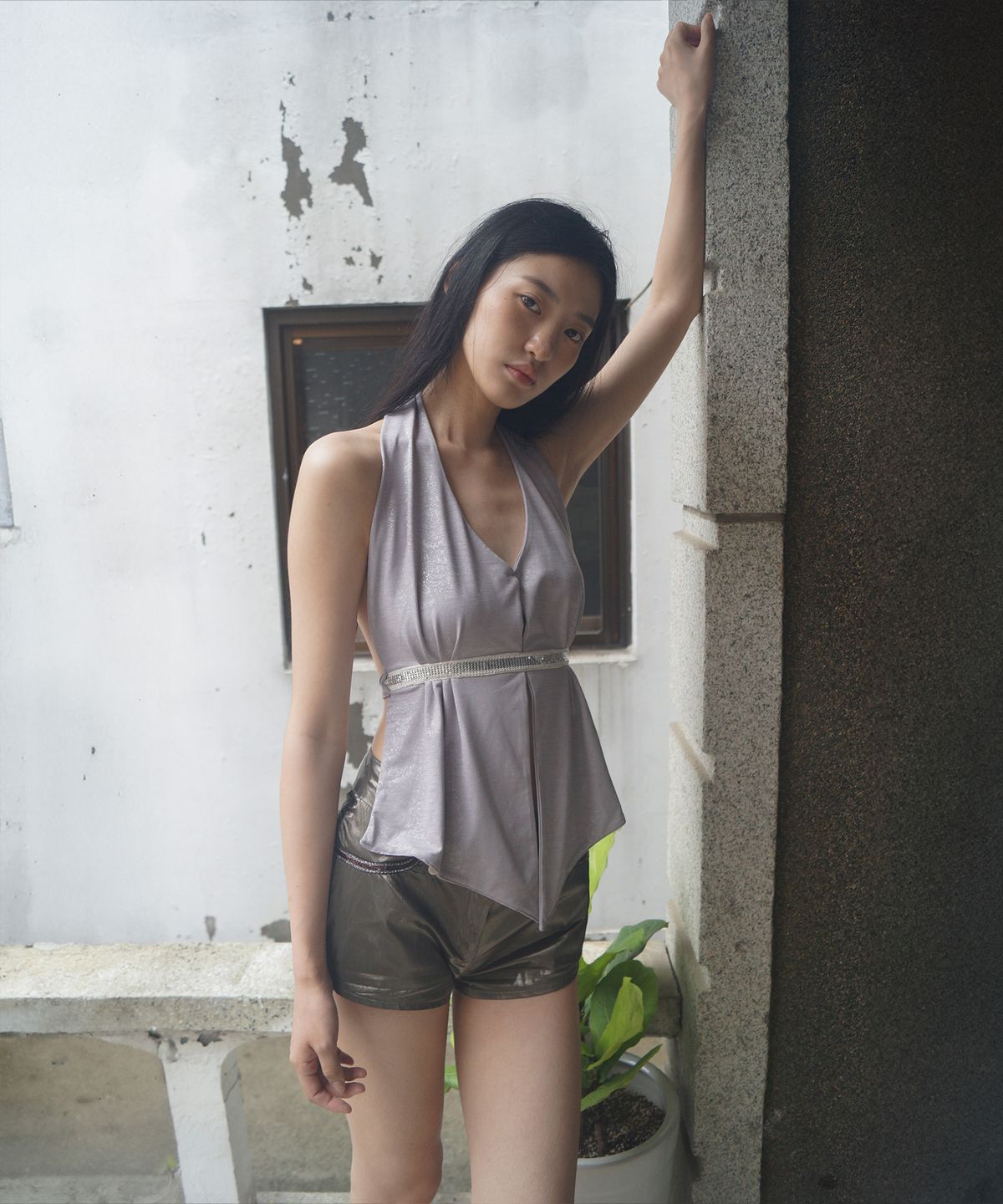 뮤즈뮤지엄(MUSEMUSEUM) Beaded Strap Shirred Halter Top - Mauve