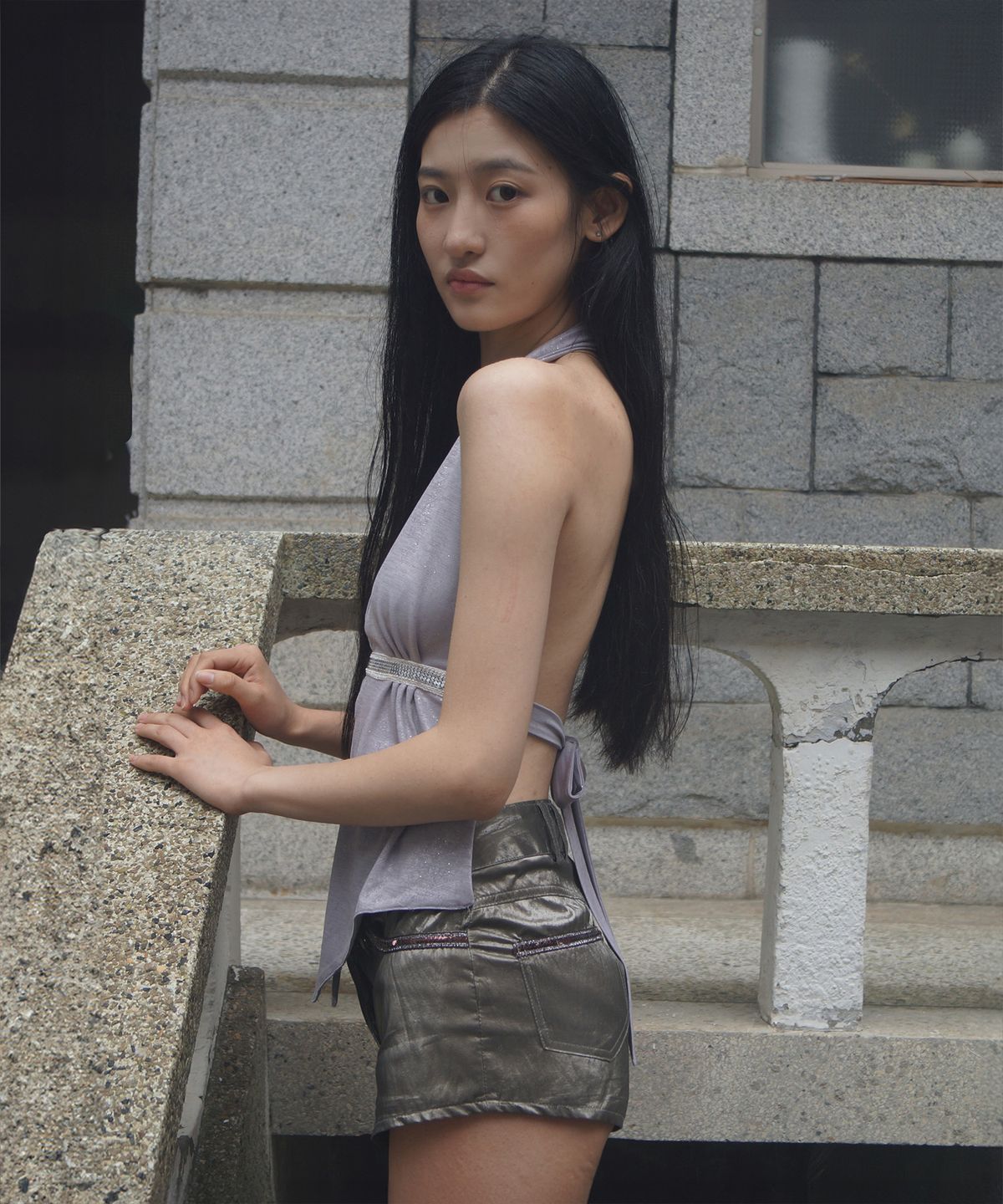 뮤즈뮤지엄(MUSEMUSEUM) Beaded Strap Shirred Halter Top - Mauve