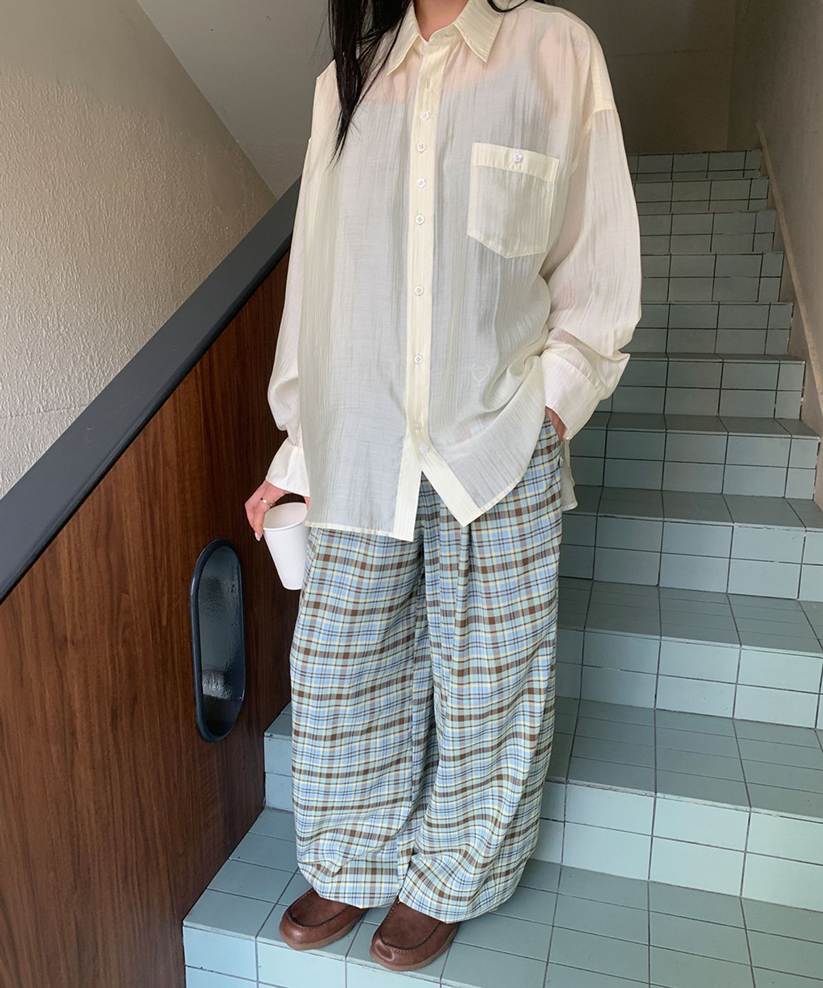 론론(RONRON) HEART KEYRING CHECK JOGGER PANTS MINT