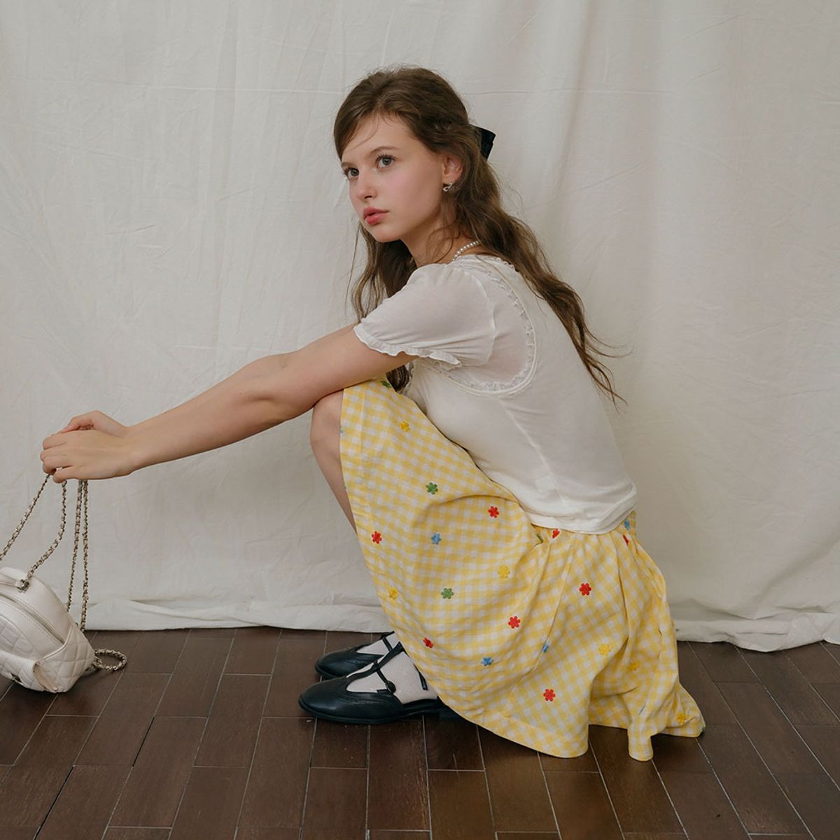 쎄무아듀(CEST MOIDEW) Cest_Floral embroidery gingham skirt