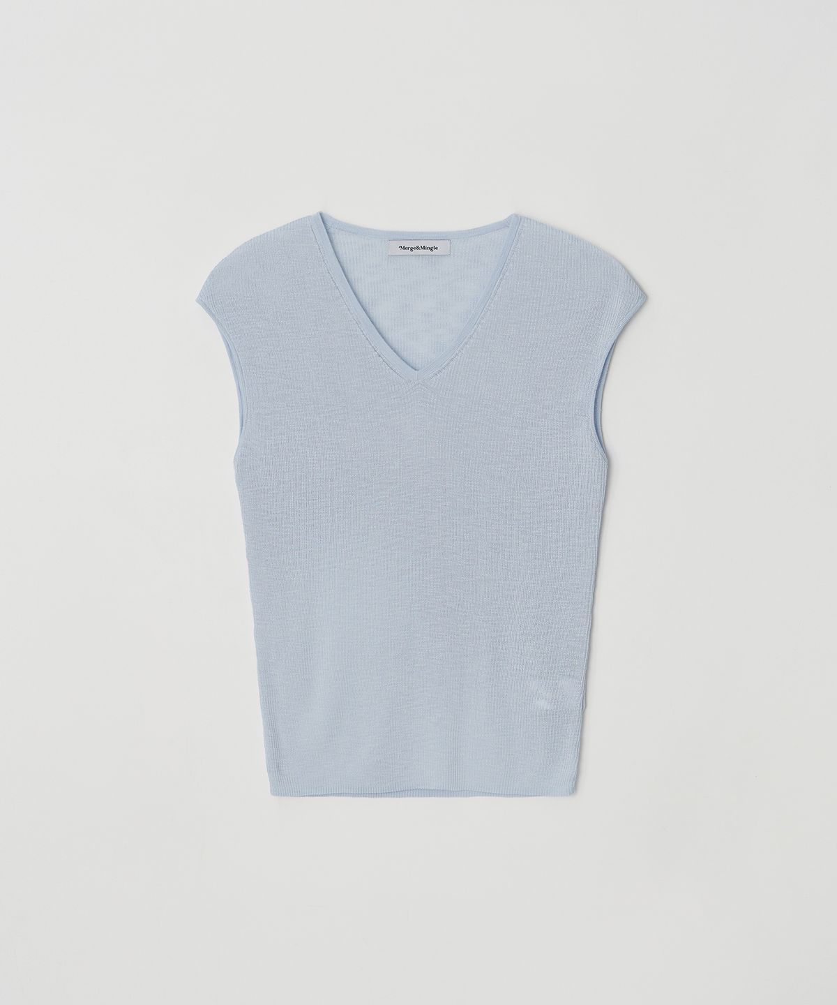 머지앤밍글(MERGE&MINGLE) Rosé Soft Sheer Rib Short Sleeve V-neck Knit Top (Cotton Blue)
