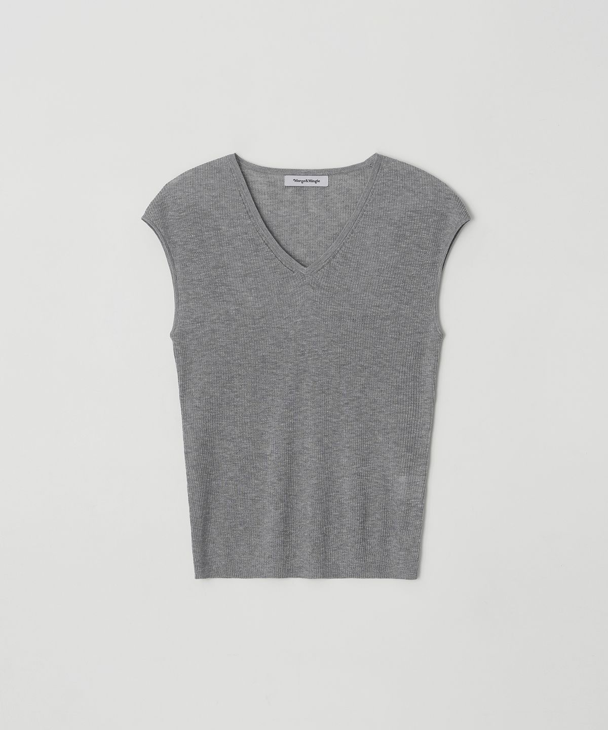 머지앤밍글(MERGE&MINGLE) Rosé Soft Sheer Rib Short Sleeve V-neck Knit Top (Gray)