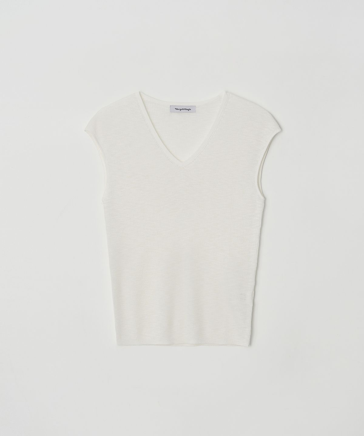 머지앤밍글(MERGE&MINGLE) Rosé Soft Sheer Rib Short Sleeve V-neck Knit Top (Ivory)