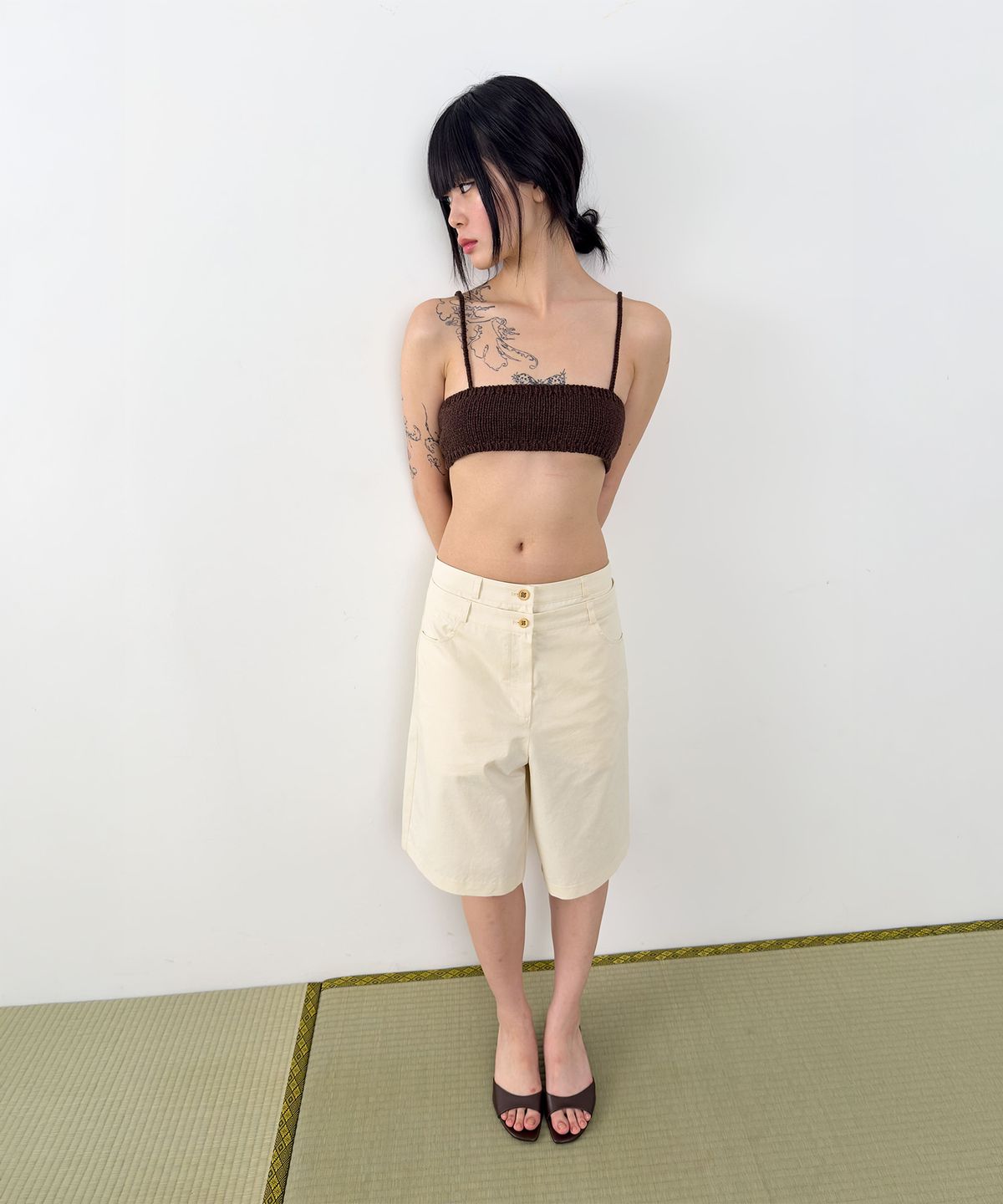 니히(NIEEH) Double belt half shorts (Ivory)