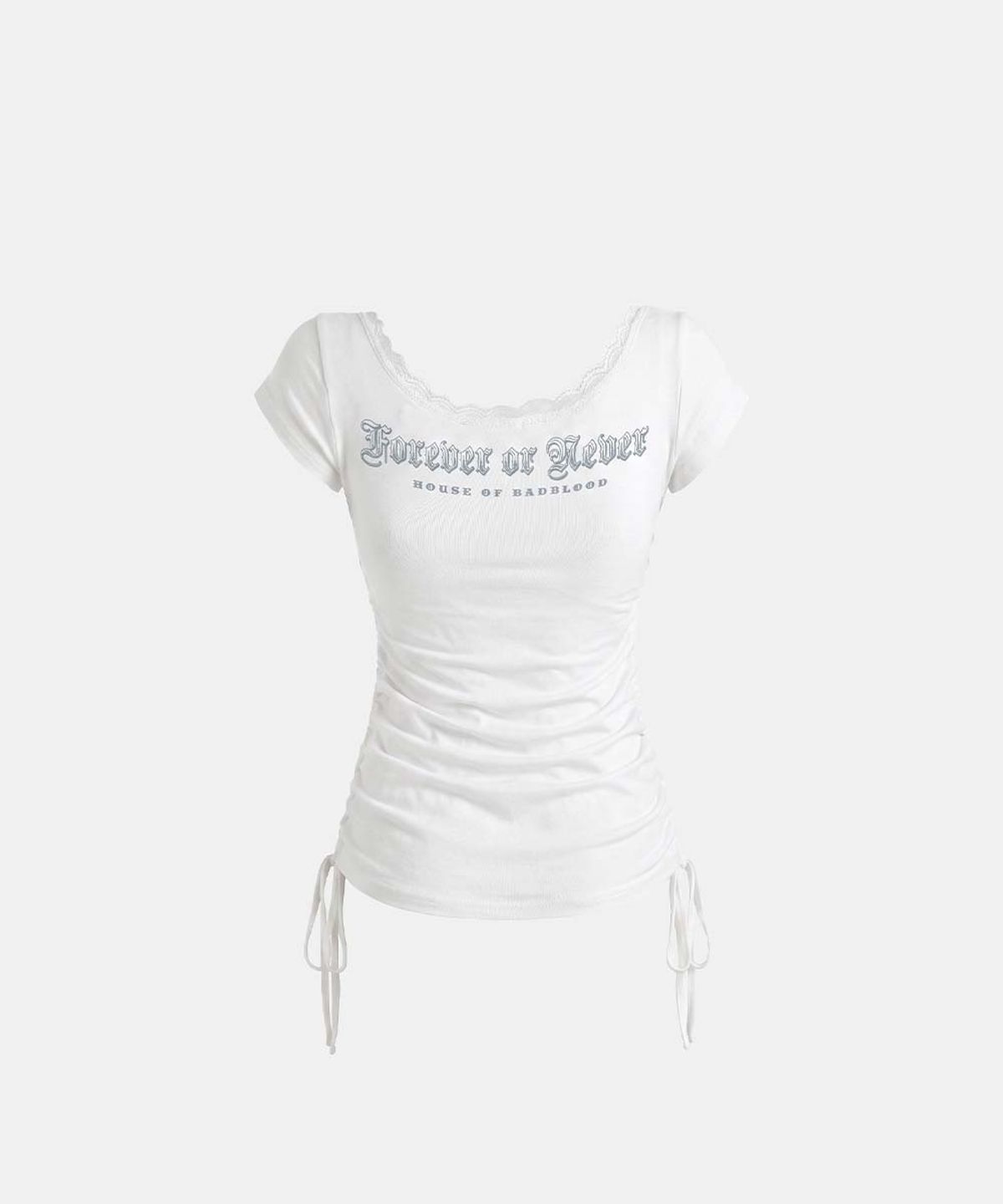 배드블러드(BADBLOOD) 라인스톤 엠블럼 레이스 딥 라운드 1/2 티셔츠 - 화이트