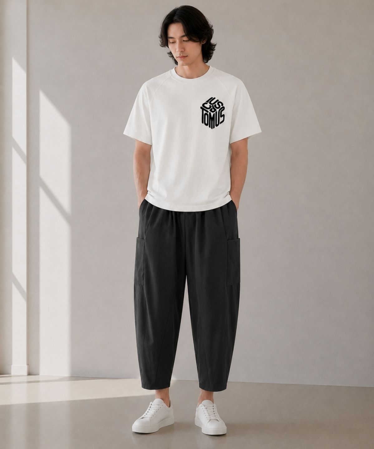 커스텀어스(CUSTOMUS) 남성 후로피 로고 프린트 라그랑 반팔티셔츠 CXS26MKRT506 WHI