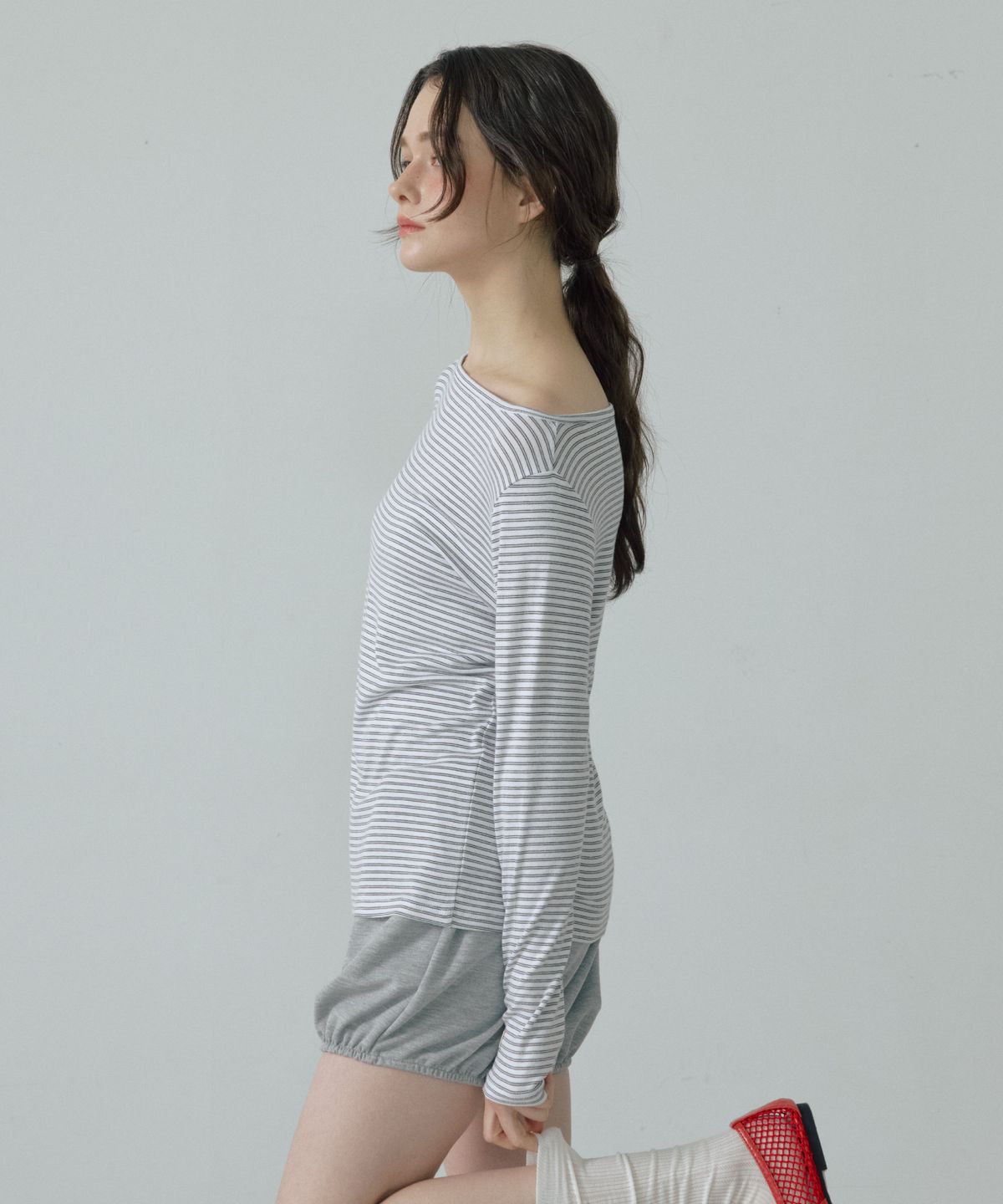 아페이즈(APAISE) Boat-Neck Striped T-Shirts(White)