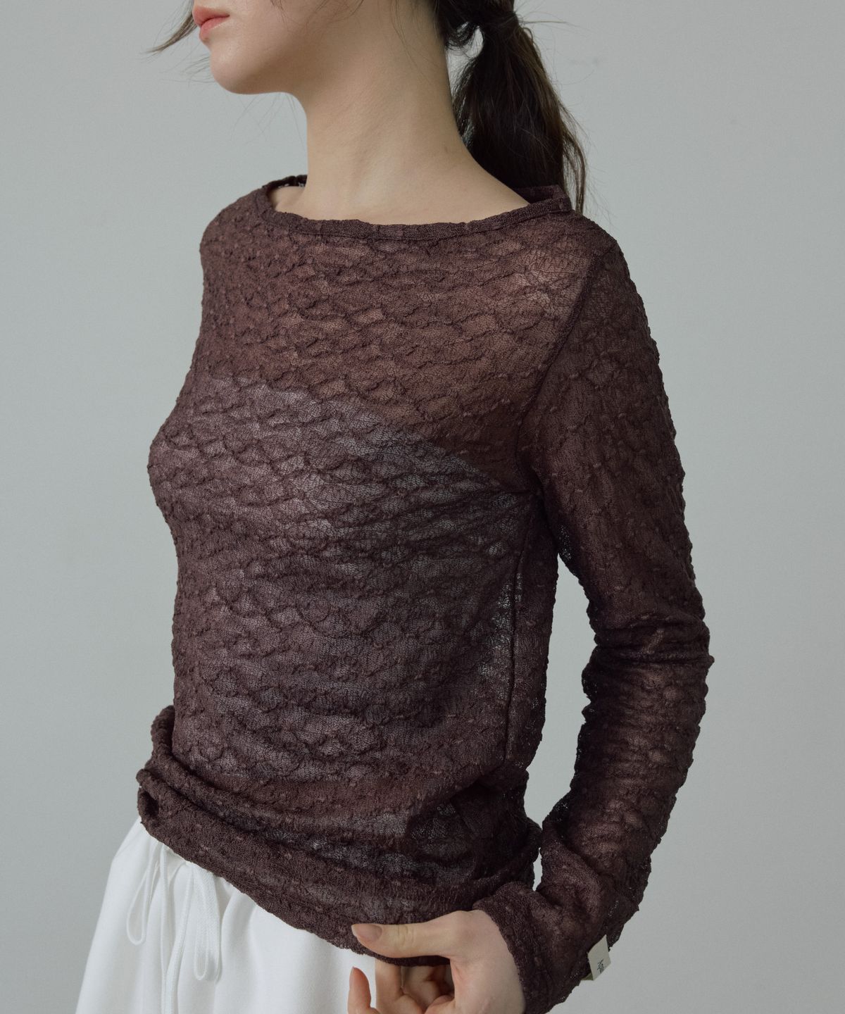 아페이즈(APAISE) Boat-Neck Sheer Lace T-Shirts(Brown)