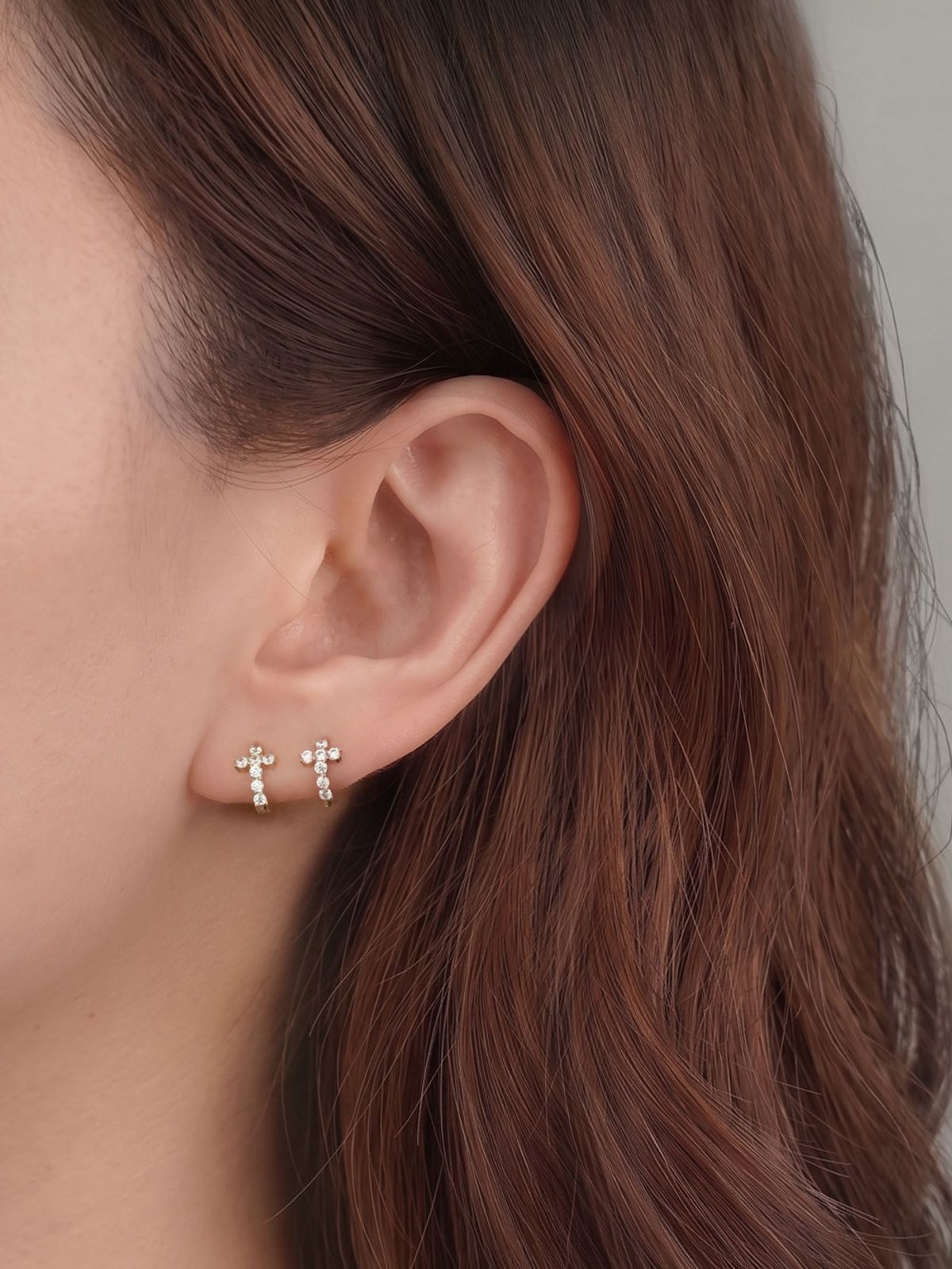미니멀피어싱(MINIMALPIERCING) 14K 미니 큐빅 십자가 원터치 링 피어싱 귀걸이