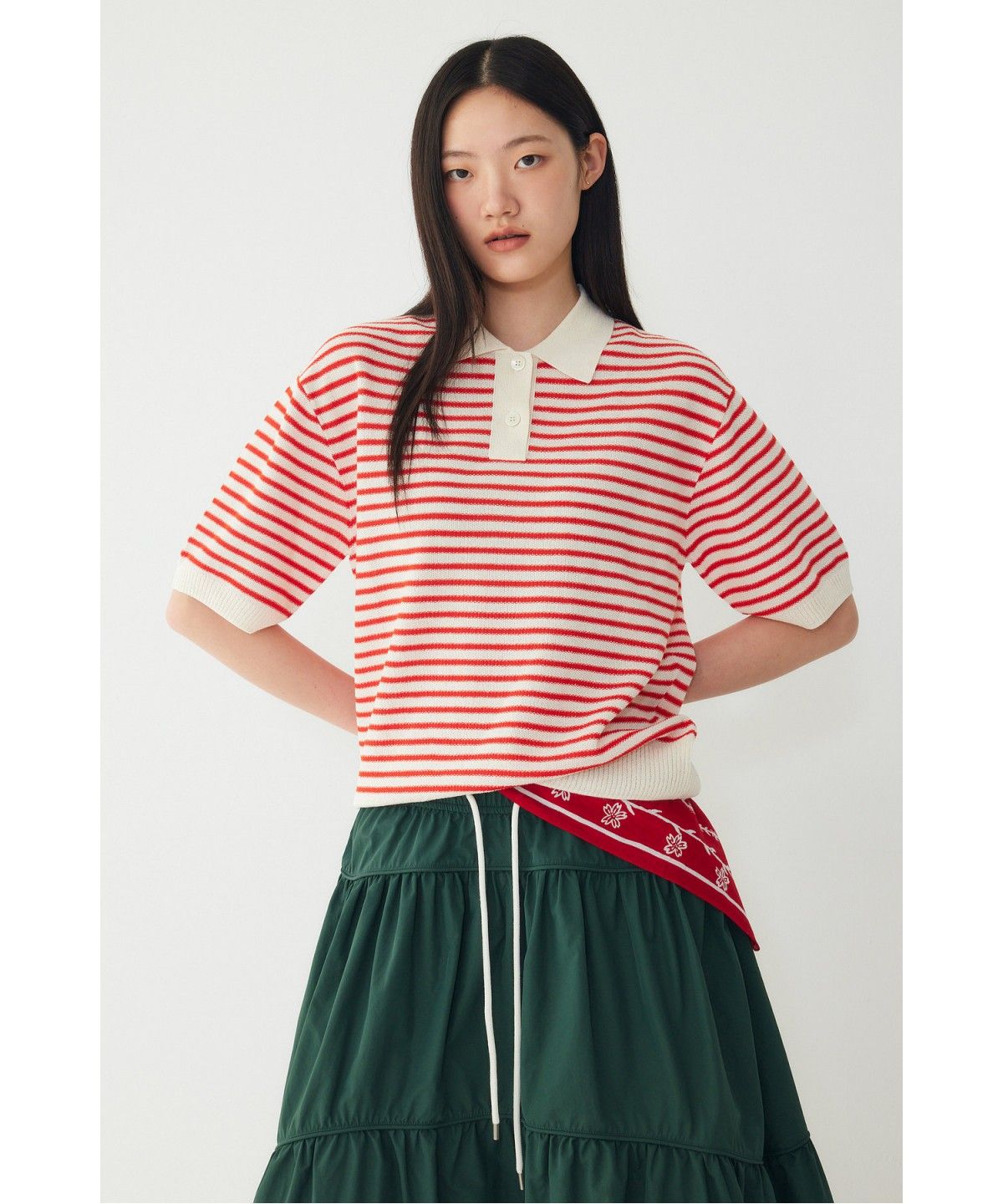 스튜디오 톰보이(STUDIO TOMBOY) 스트라이프 카라 풀오버 _레드_9176352971