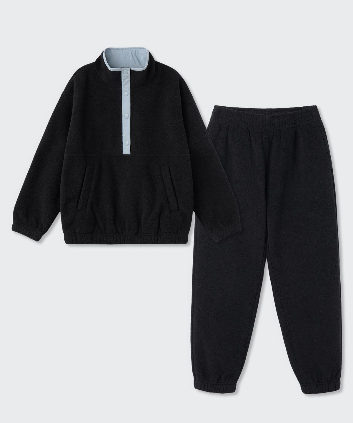 무신사 스탠다드 키즈(MUSINSA STANDARD KIDS) 오버사이즈 폴라 플리스 아노락 & 폴라 플리스 스웨트 팬츠 [블랙]