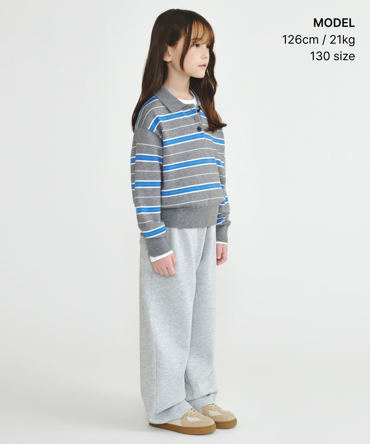 무신사 스탠다드 키즈(MUSINSA STANDARD KIDS) 걸즈 멀티 스트라이프 칼라드 니트 [그레이]