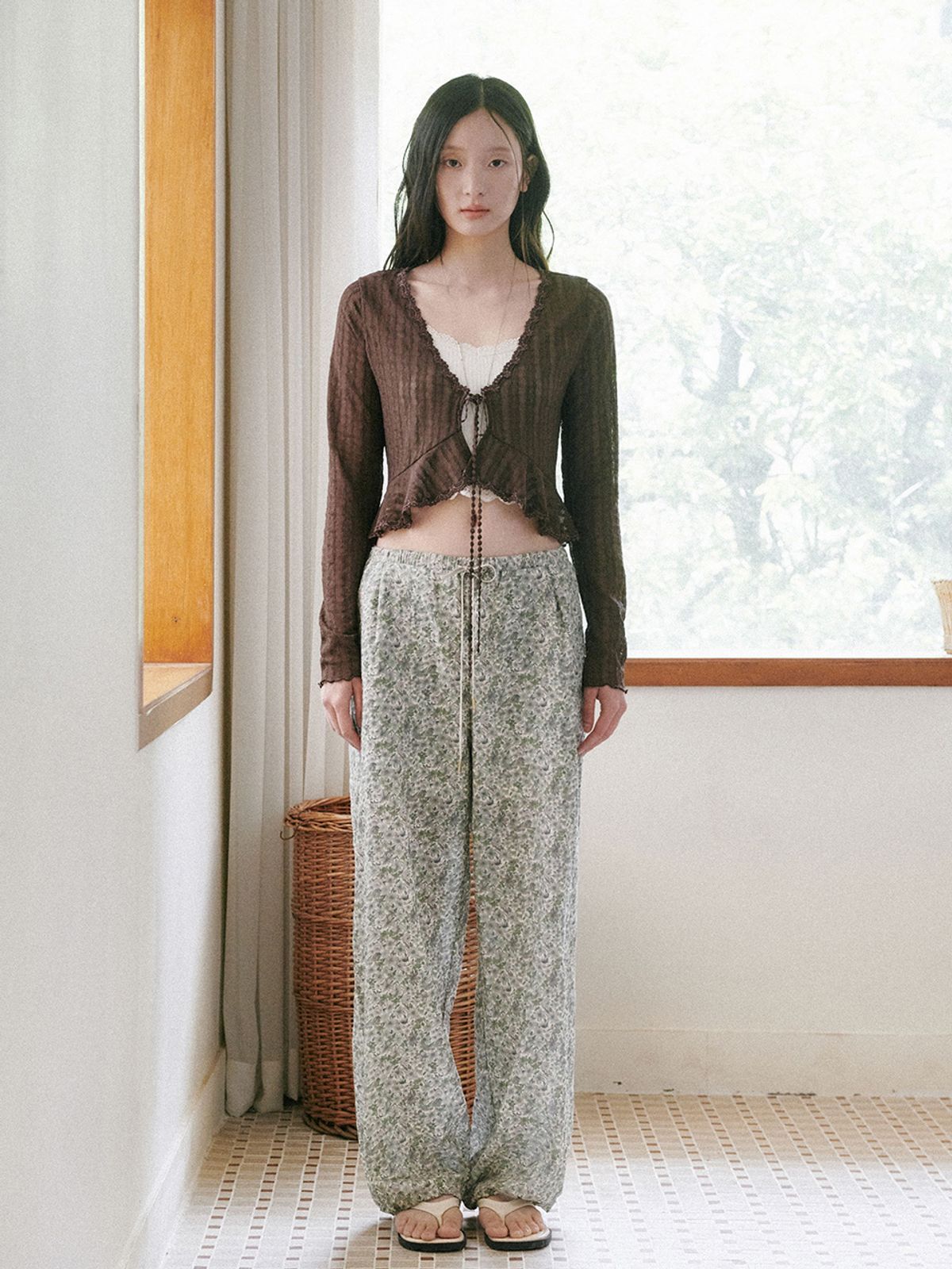 오앨(OUEL) DRAWSTRING COTTON WIDE PANTS_GREEN
