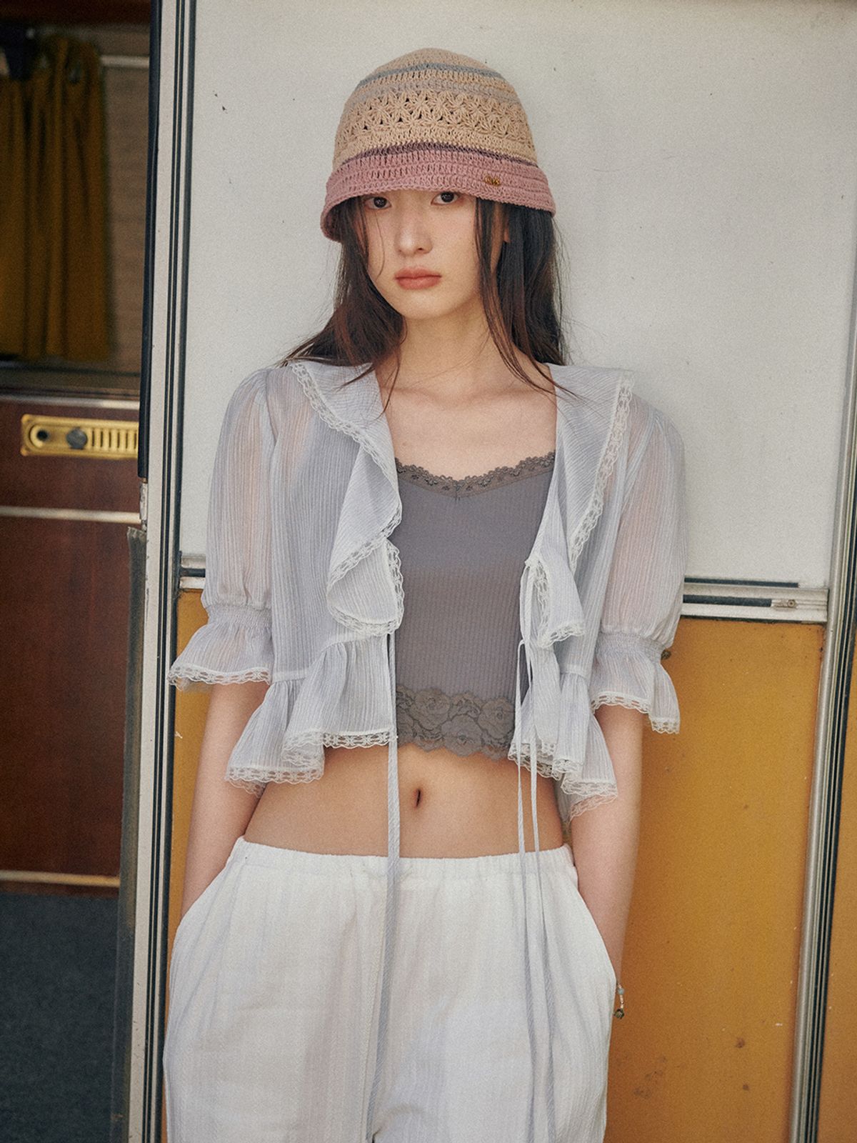 오앨(OUEL) SHEER RUFFLE TIE BLOUSE_SKY BLUE
