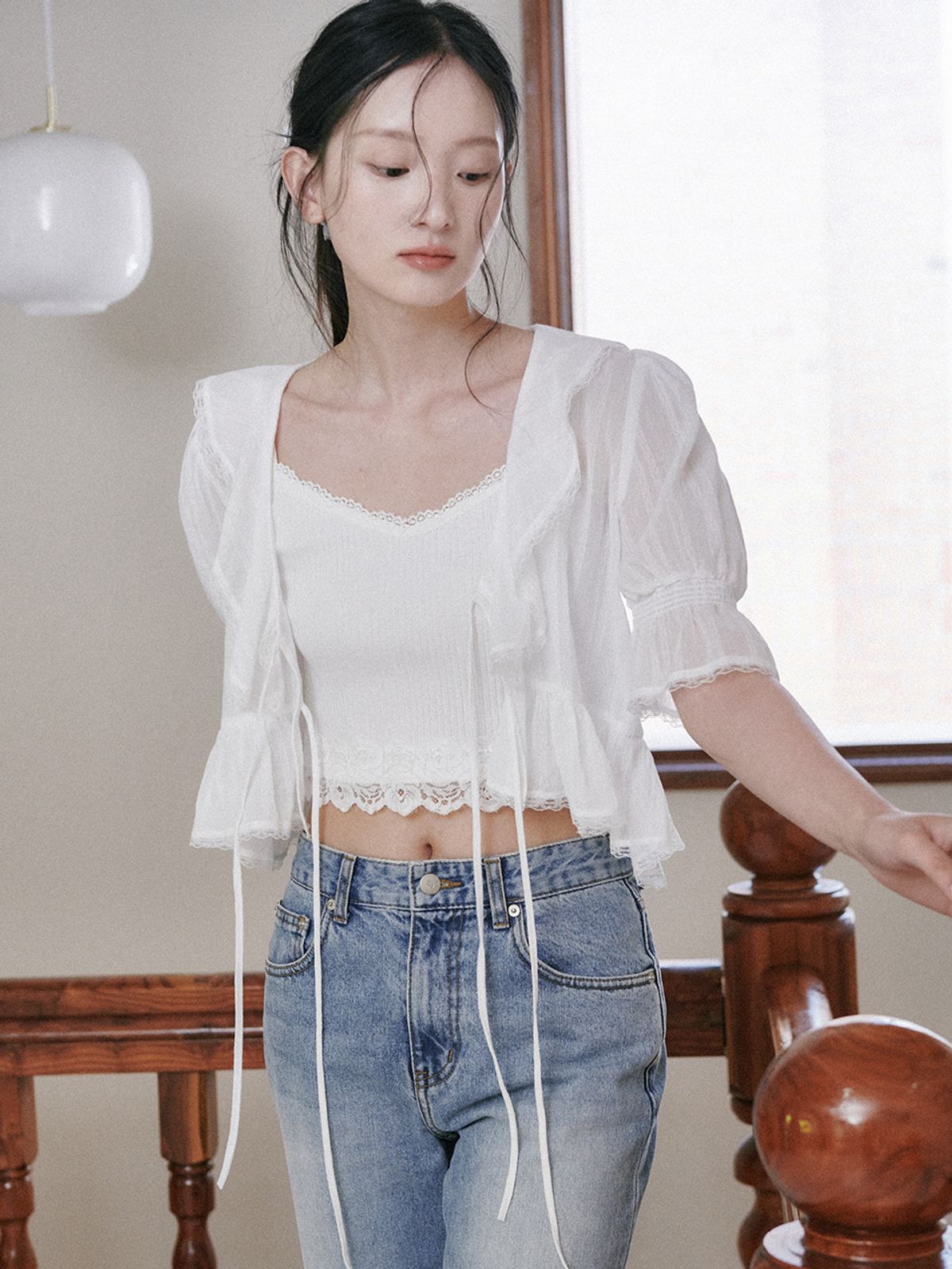 오앨(OUEL) SHEER RUFFLE  TIE BLOUSE_WHITE