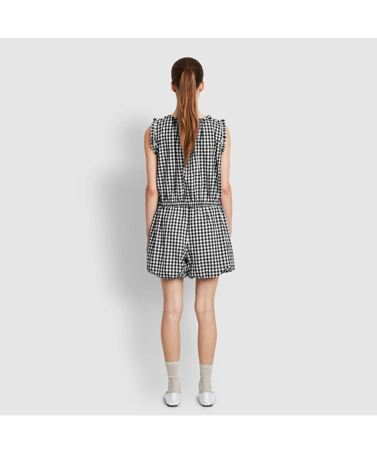 자주(JAJU) 여 체크 셔링 블루머 라운지 팬츠_다크 블랙