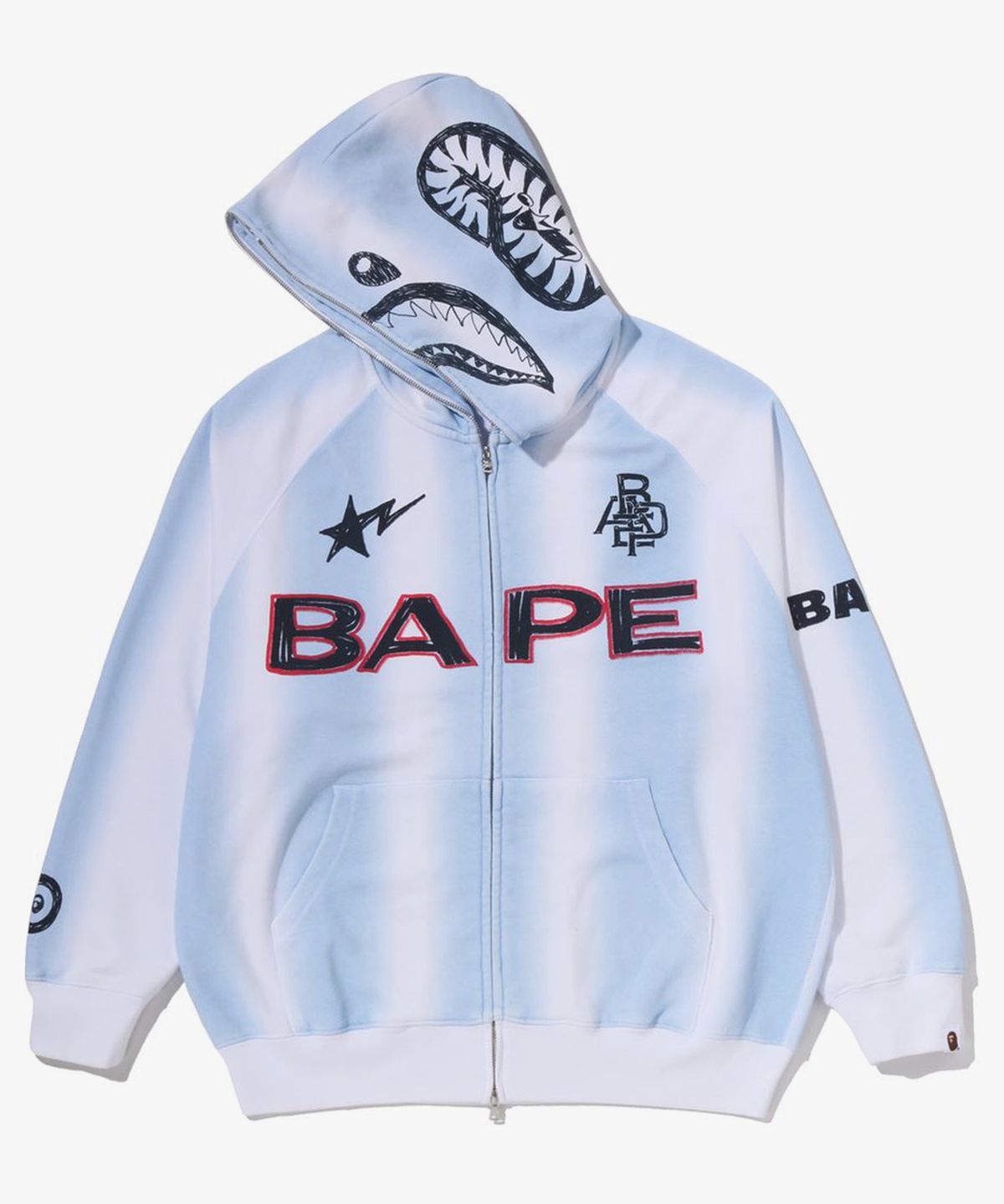 베이프(BAPE) 핸드 드로우 풋볼 샤크 릴렉스드 핏 풀 집 후드(M) WHITE
