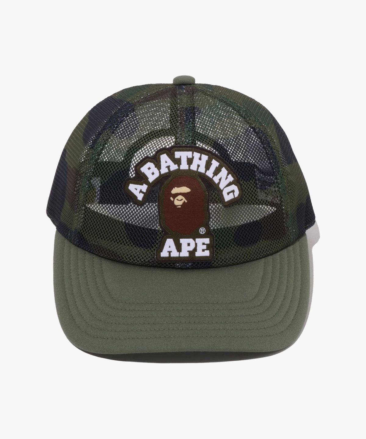 베이프(BAPE) 퍼스트 카모 콜리지 엠브로더리 패치드 메쉬 캡 GREEN