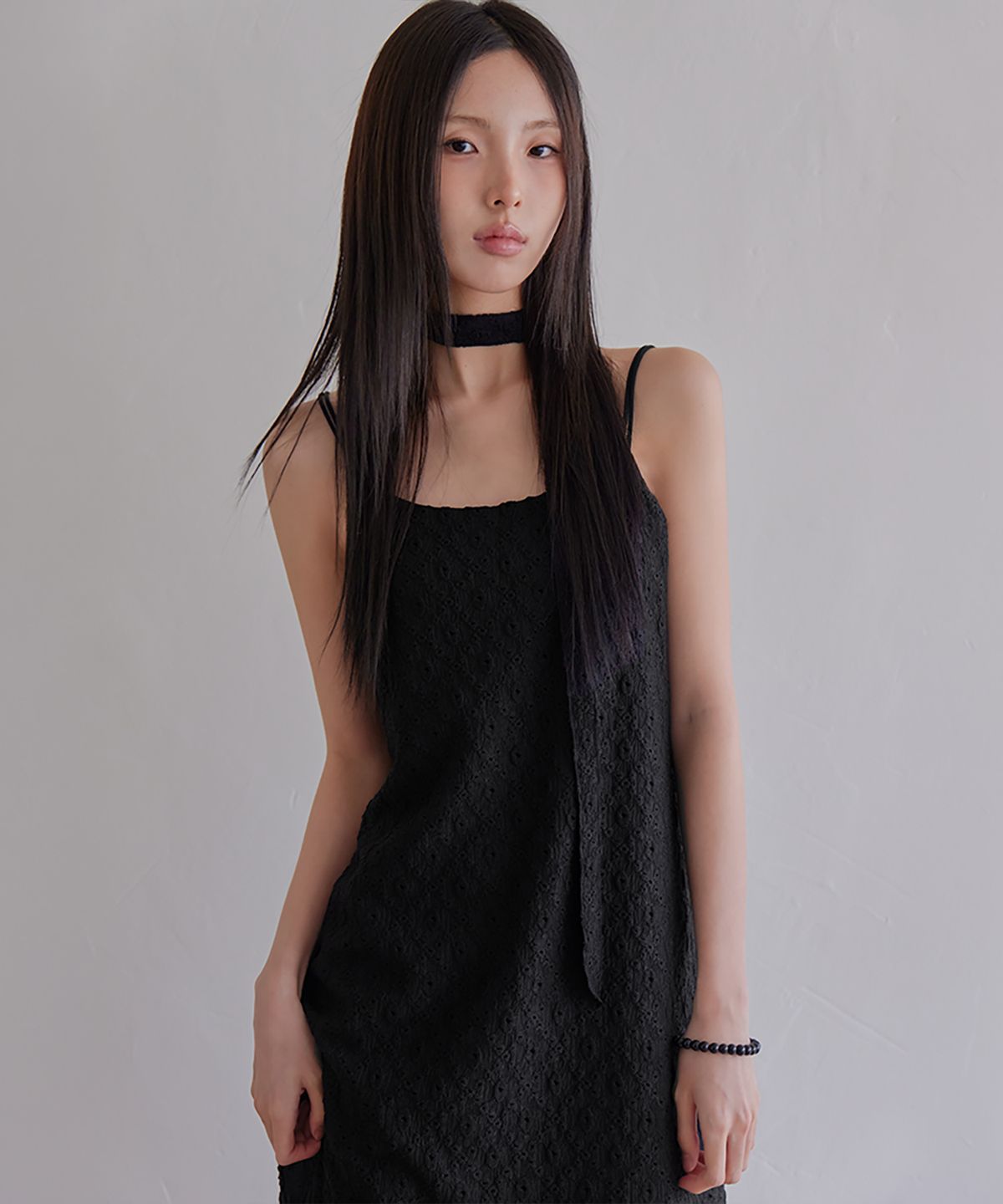 런던다다(LONDONDADA) Embossed Lace Tie Dress, BLACK