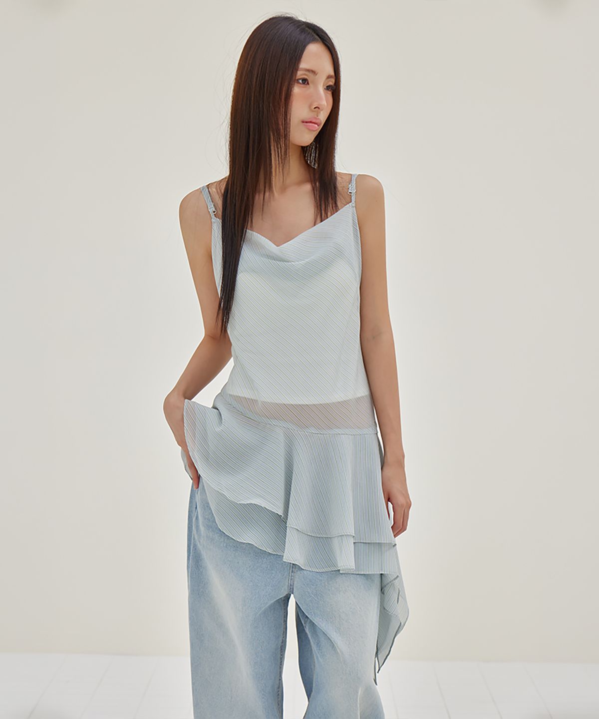 런던다다(LONDONDADA) Sheer Flare Layered Dress, GREY