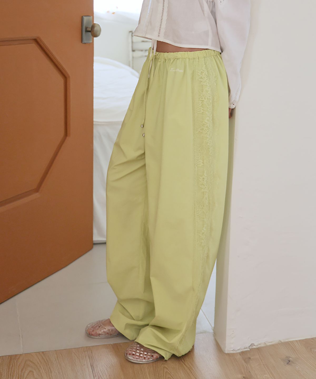런던다다(LONDONDADA) Summer Lace Line Wide Pants, LIME
