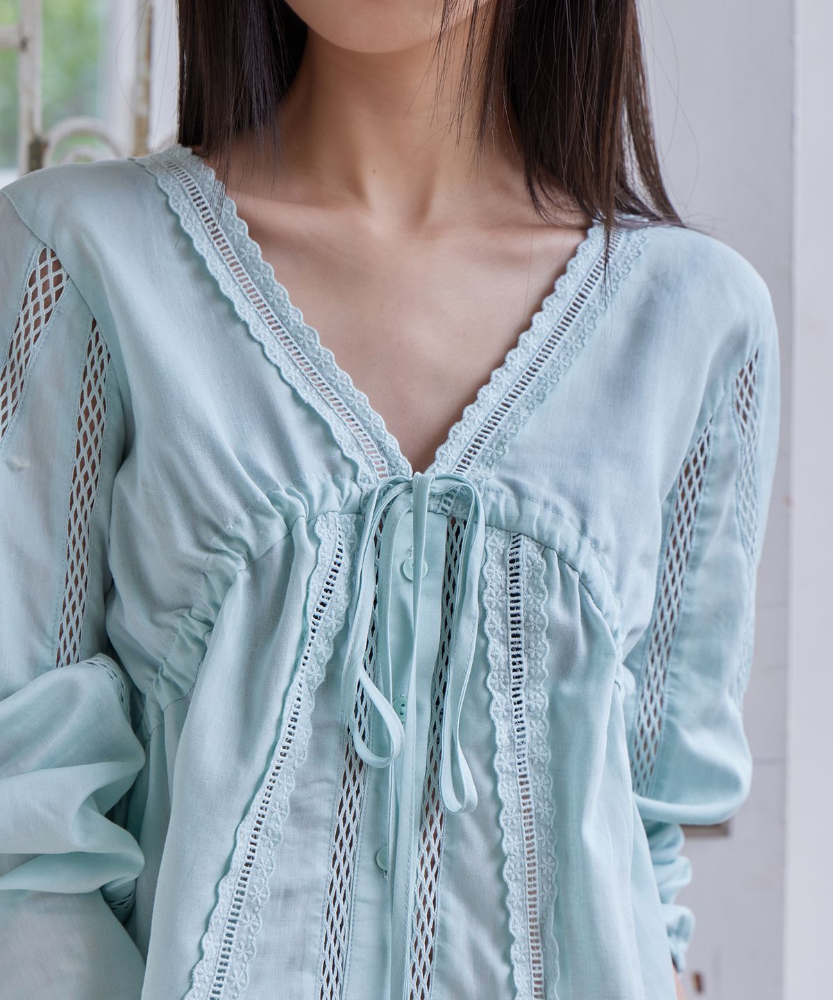 런던다다(LONDONDADA) Summer Lace Linen Blouse, EMERALD