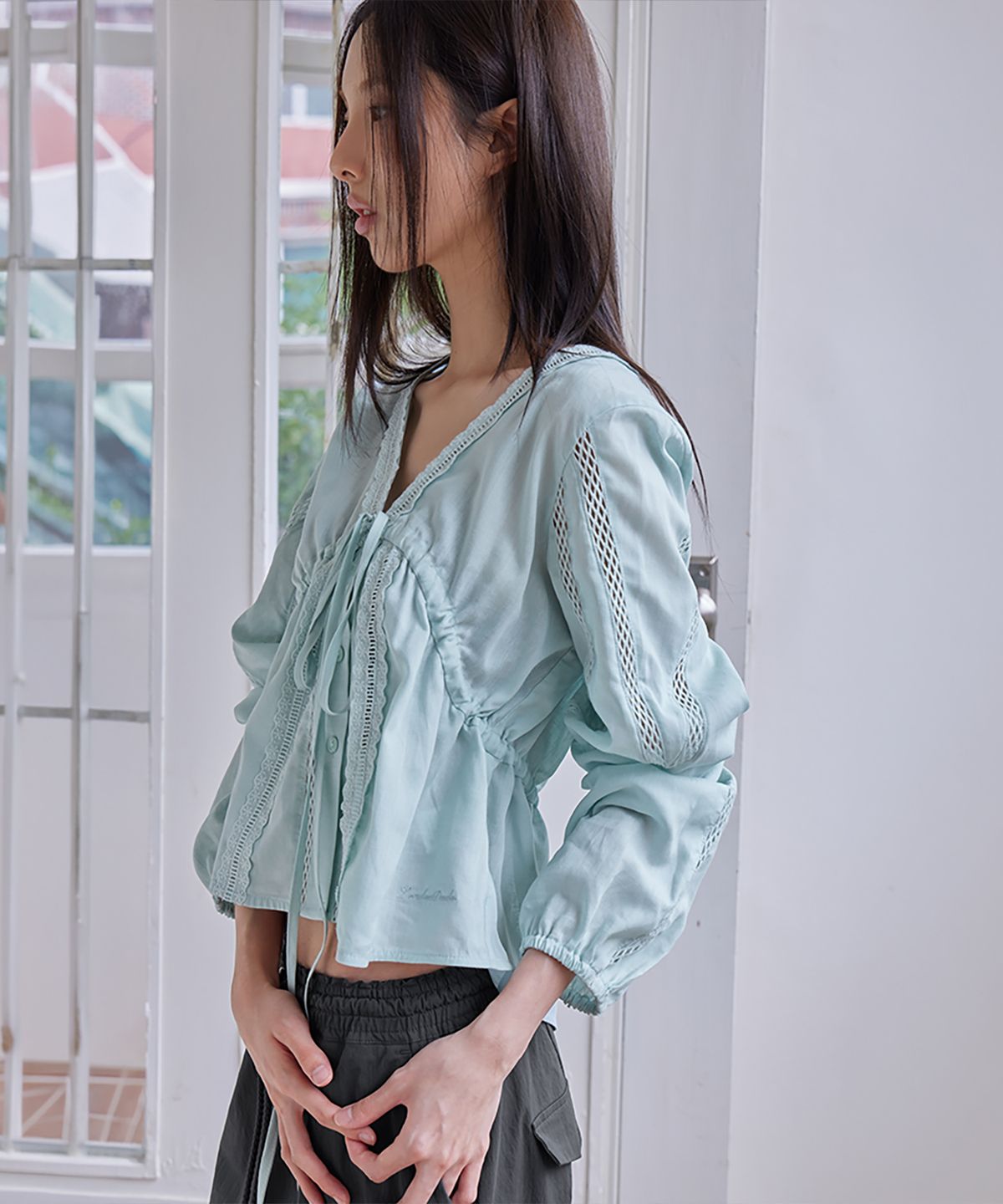 런던다다(LONDONDADA) Summer Lace Linen Blouse, EMERALD