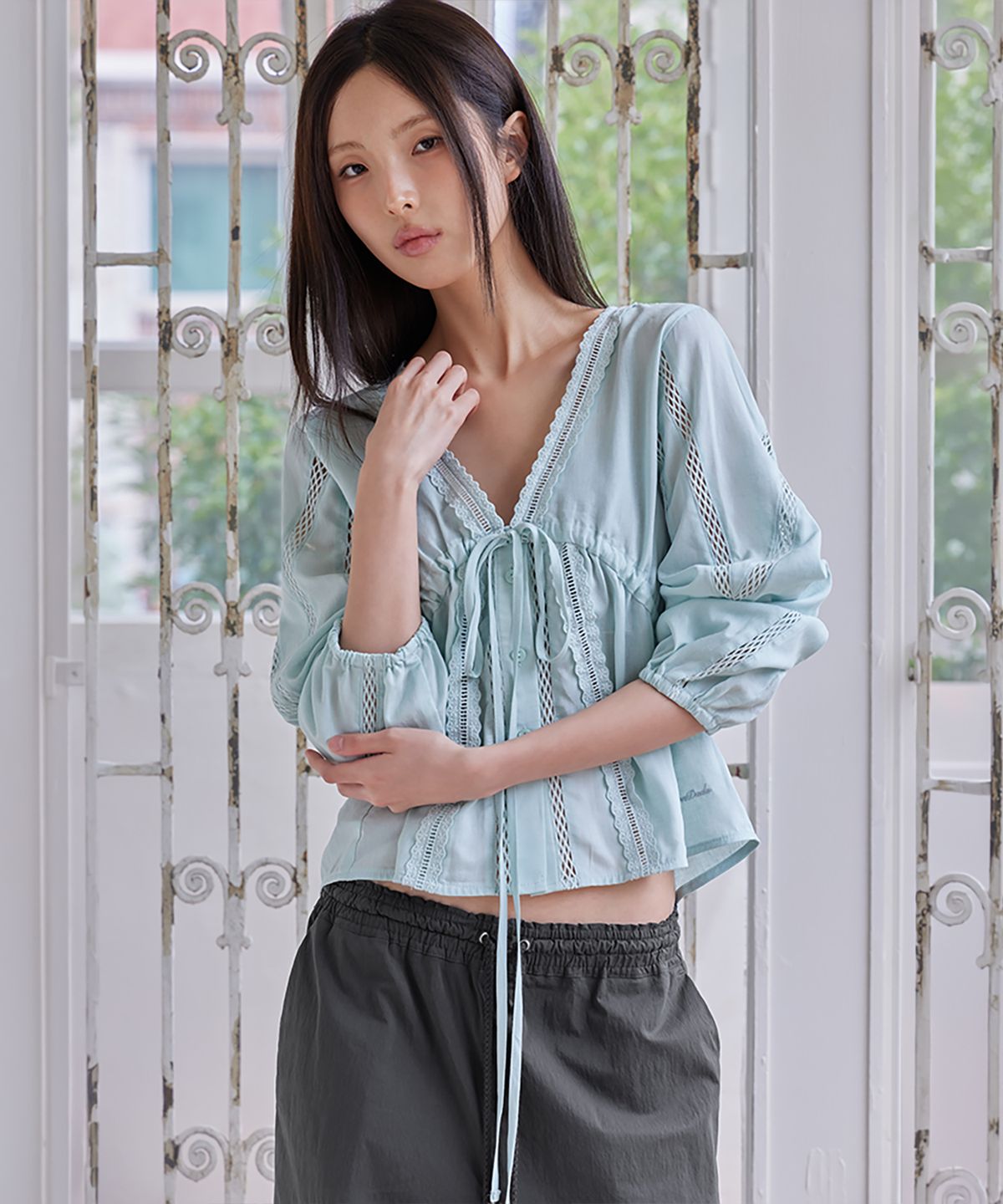 런던다다(LONDONDADA) Summer Lace Linen Blouse, EMERALD