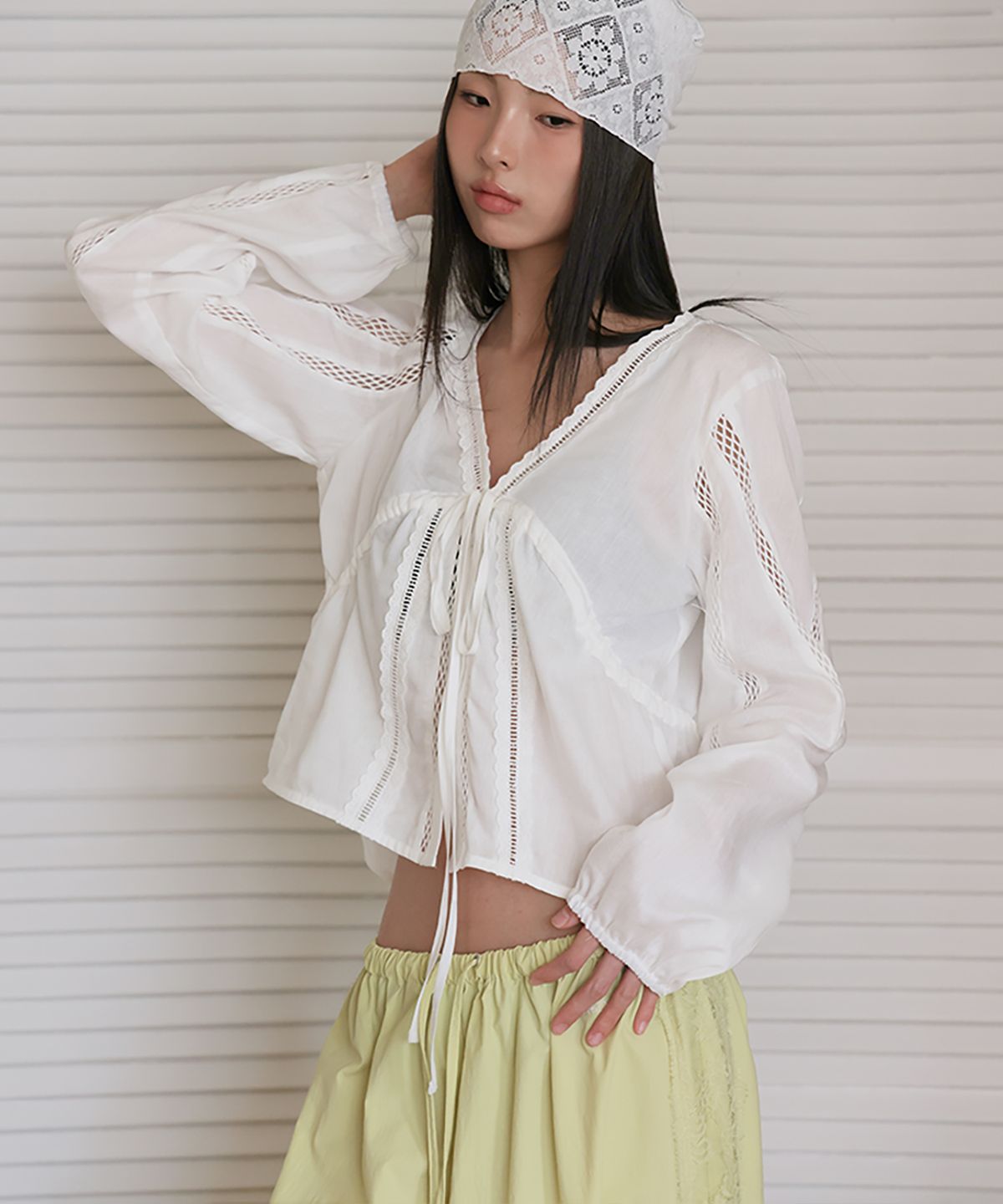 런던다다(LONDONDADA) Summer Lace Linen Blouse, WHITE