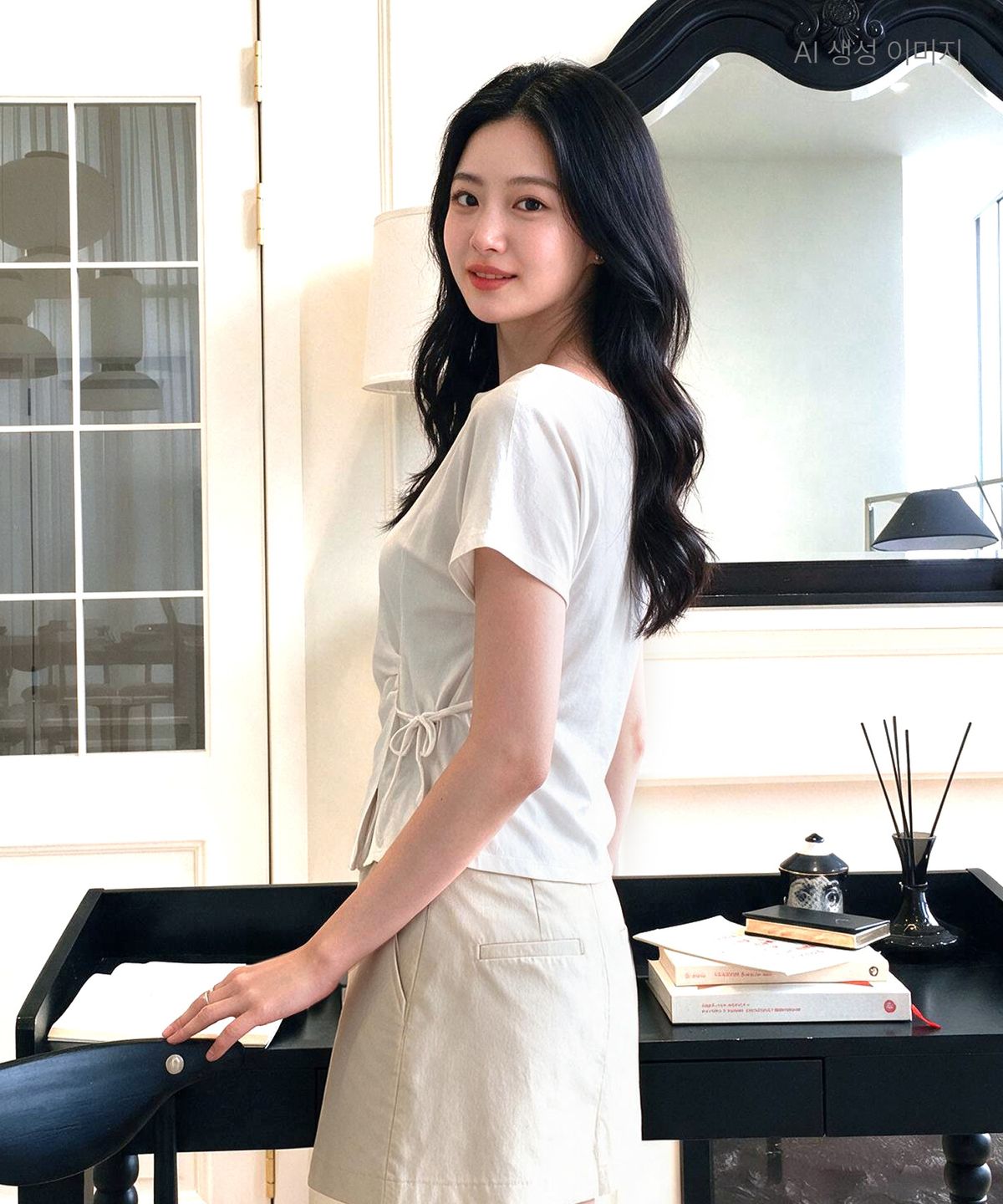 로엠(ROEM) 드레이프 리본 티셔츠 RMHWG38R12