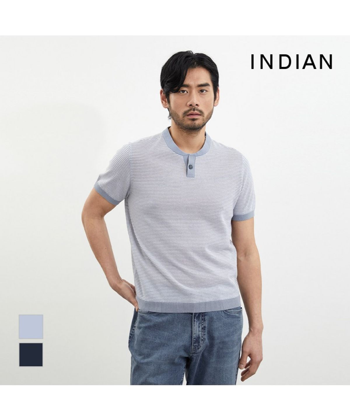 인디안(INDIAN) 잔스트라이프 헨리넥 니트_MITBR4M3111