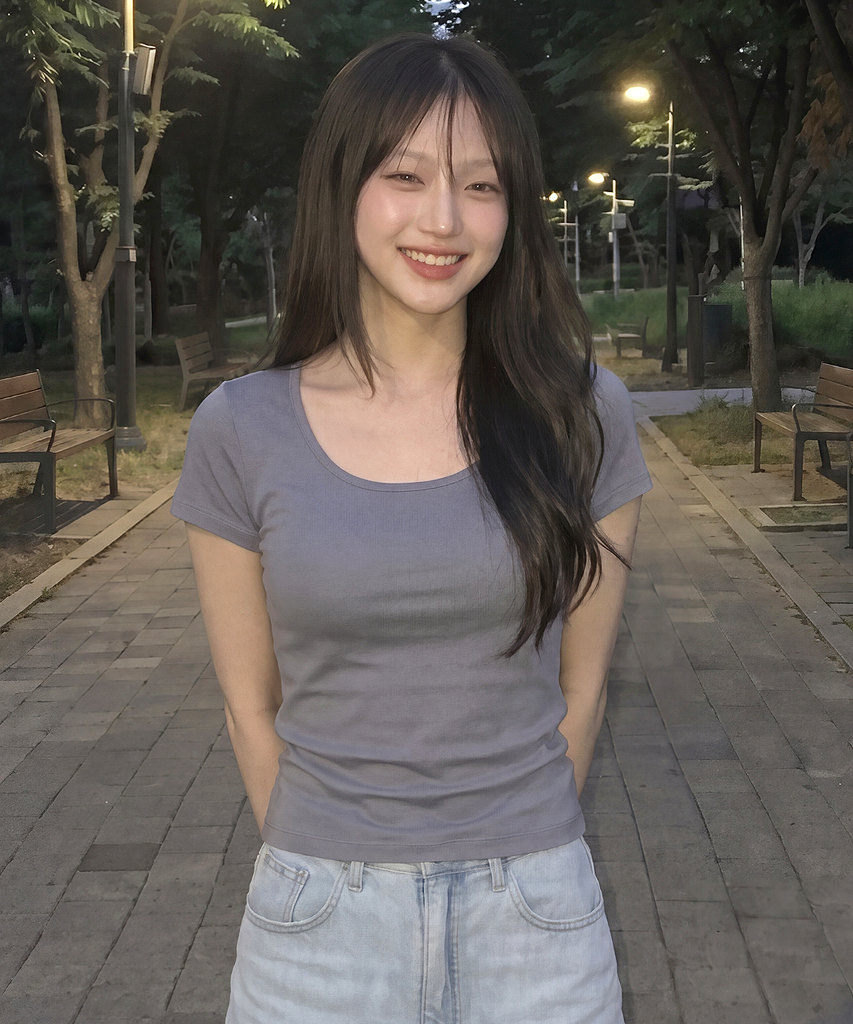 베이직하우스(BASIC HOUSE) 여성 모달 스판 U넥 슬림핏 반팔티셔츠 다크그레이