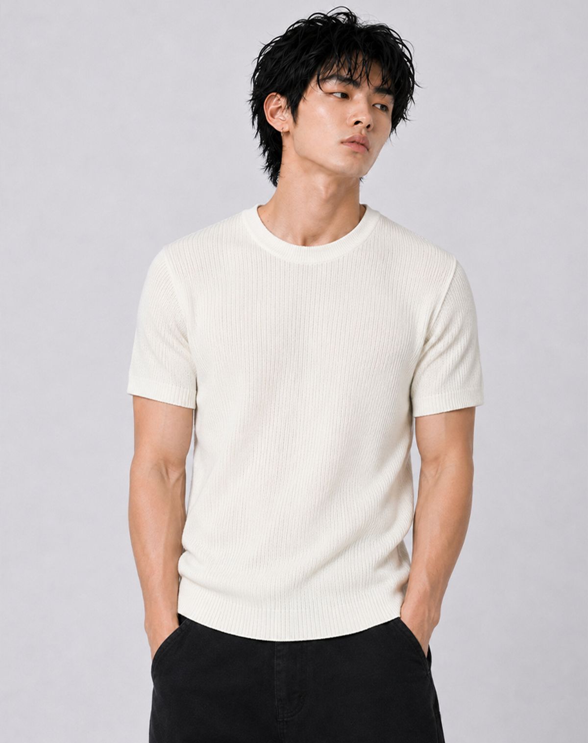 무건(MUGON) 네프 부클 반팔 니트