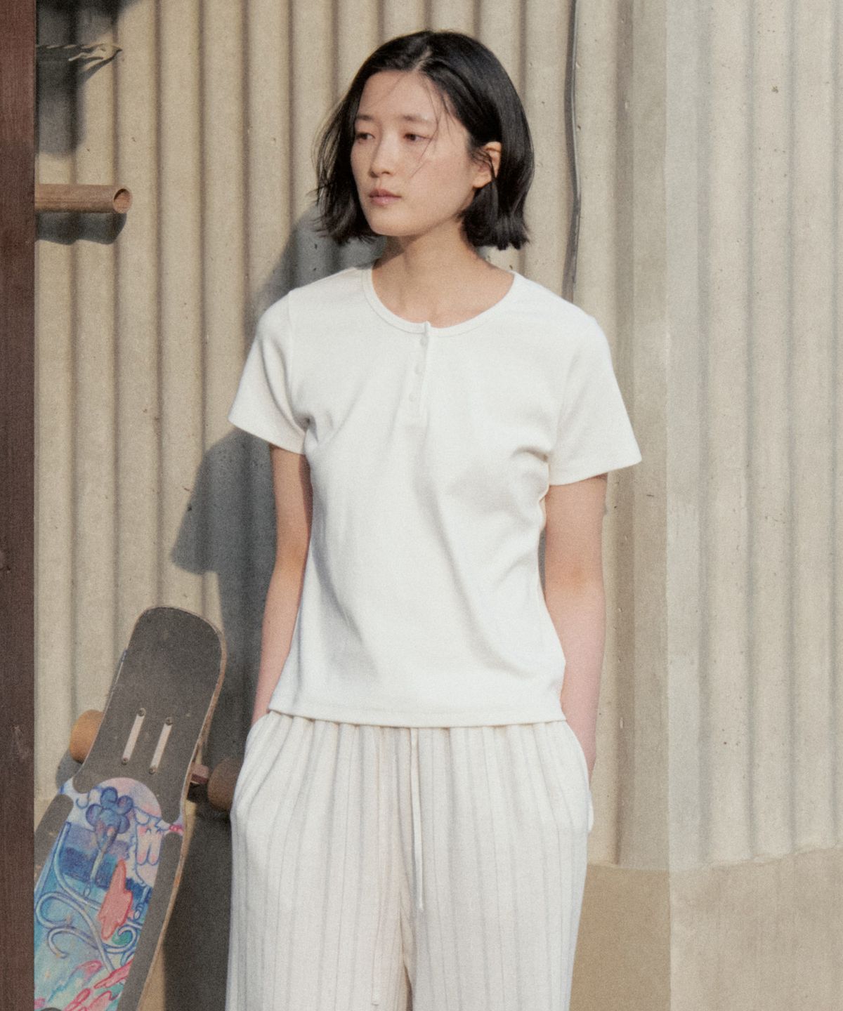 스텝어라운드(STEP AROUND) Henley Short Sleeve T-Shirt_WHITE