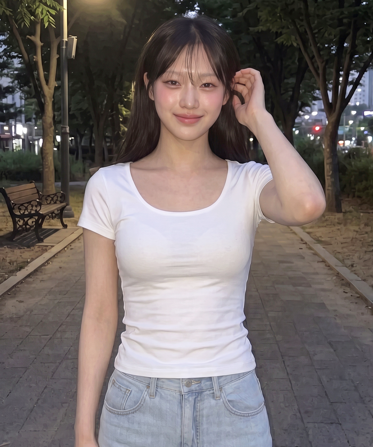 베이직하우스(BASIC HOUSE) 여성 모달 스판 U넥 슬림핏 반팔티셔츠 화이트