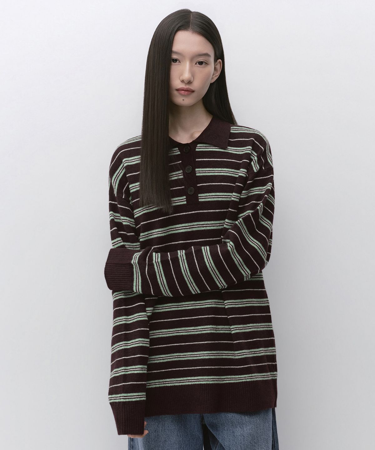 무신사 스탠다드 우먼(MUSINSA STANDARD WOMAN) 우먼즈 멀티 스트라이프 칼라드 튜닉 니트 [버건디]