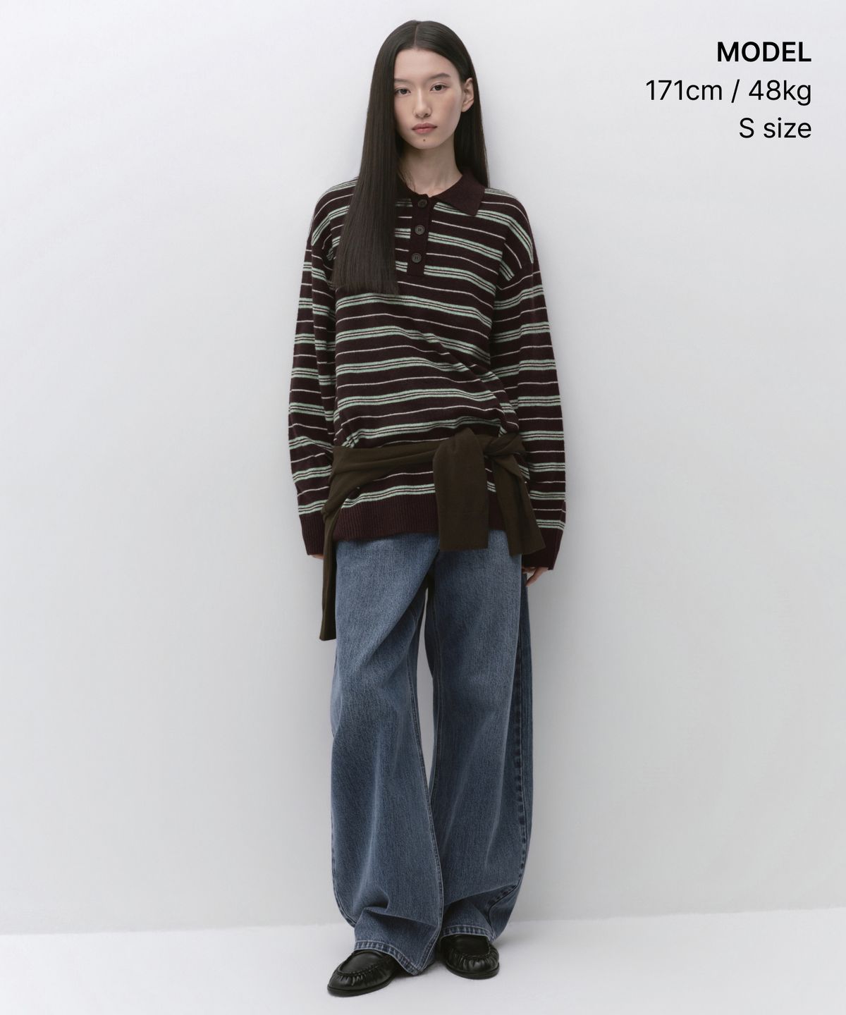 무신사 스탠다드 우먼(MUSINSA STANDARD WOMAN) 우먼즈 멀티 스트라이프 칼라드 튜닉 니트 [버건디]