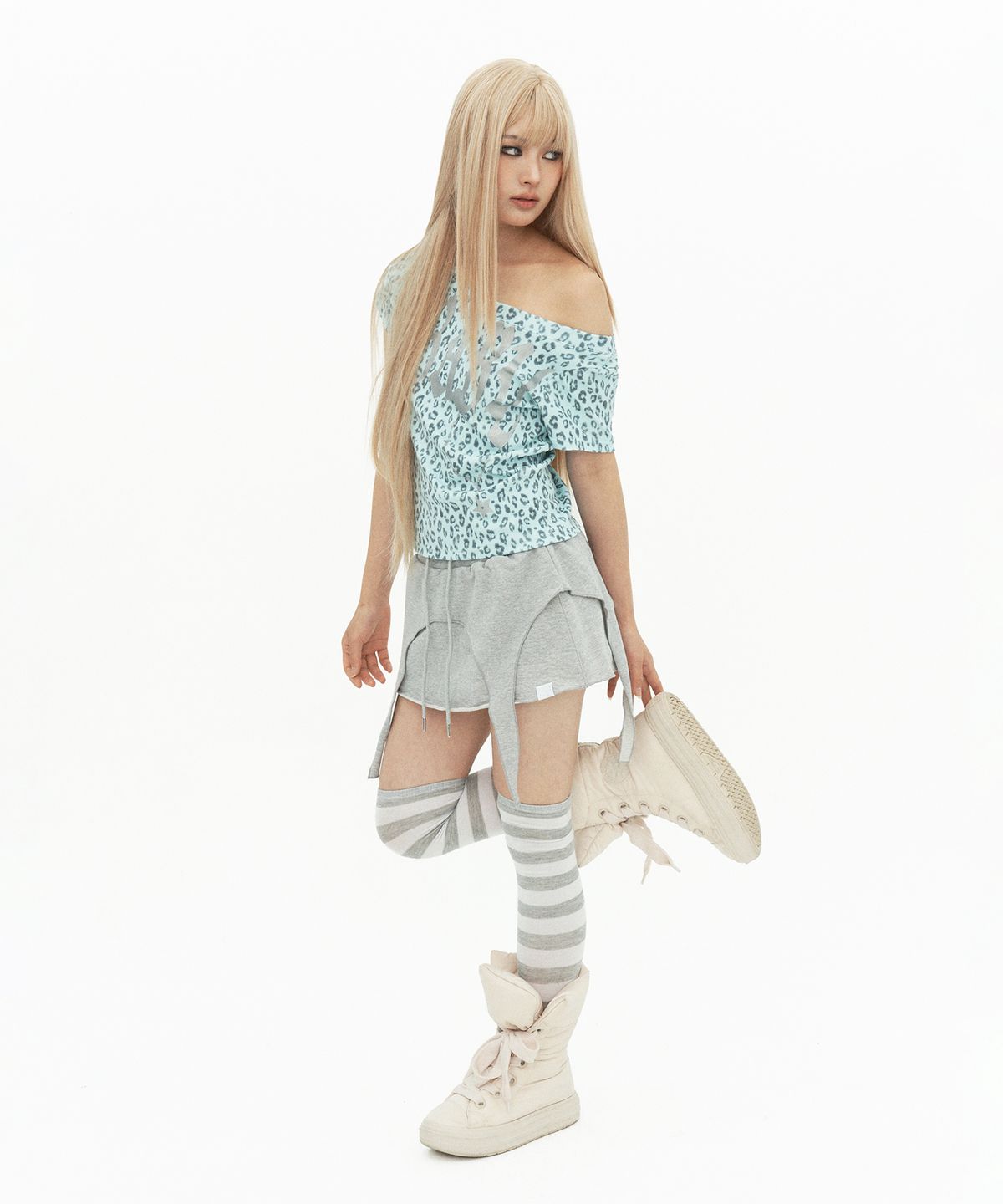 셋업이엑스이(SETUP-EXE) BABY WIDE NECK TOP / LEOPARD MINT