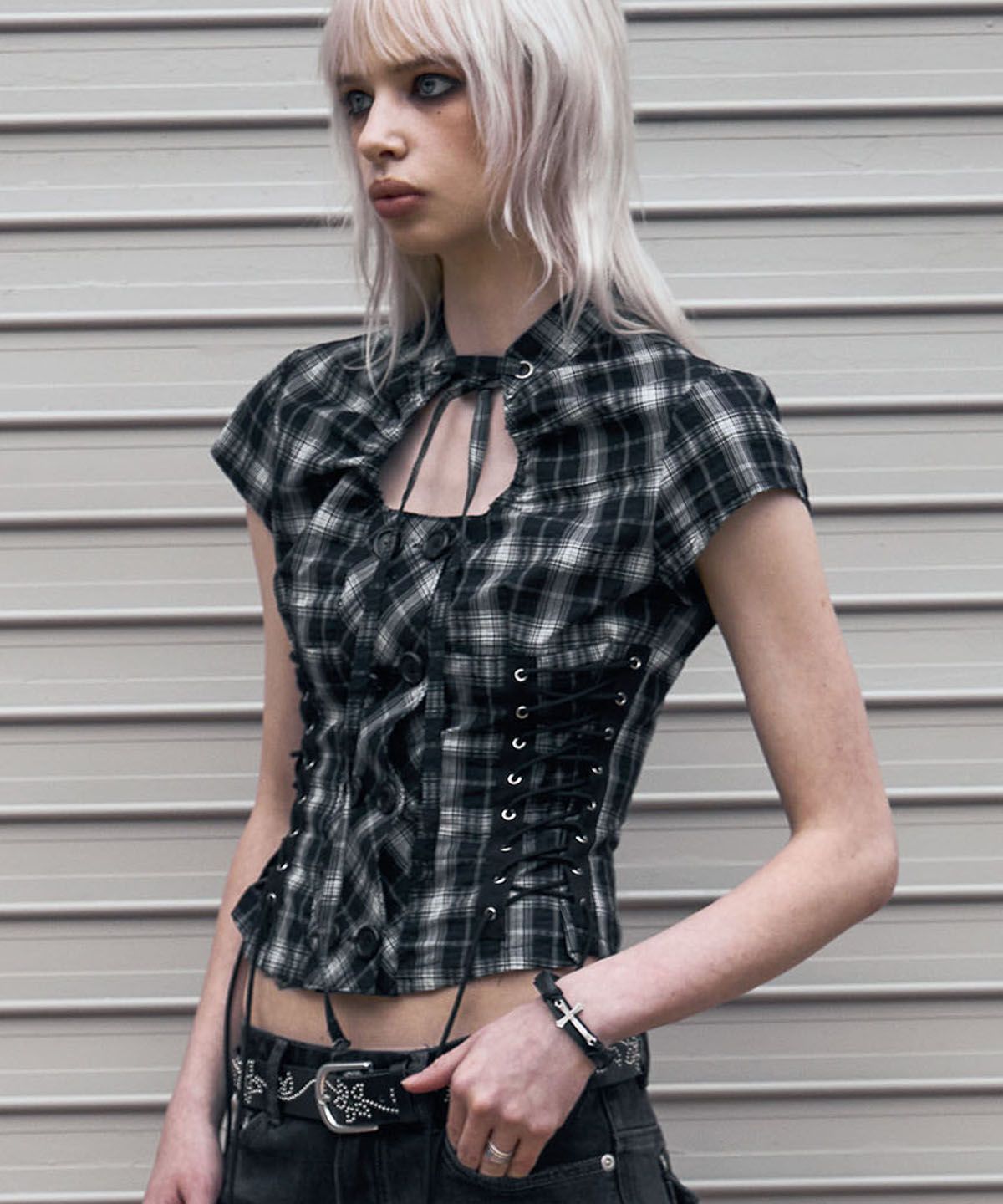 낫노잉(NOTKNOWING) Double Lace Up Blouse (CHECK)