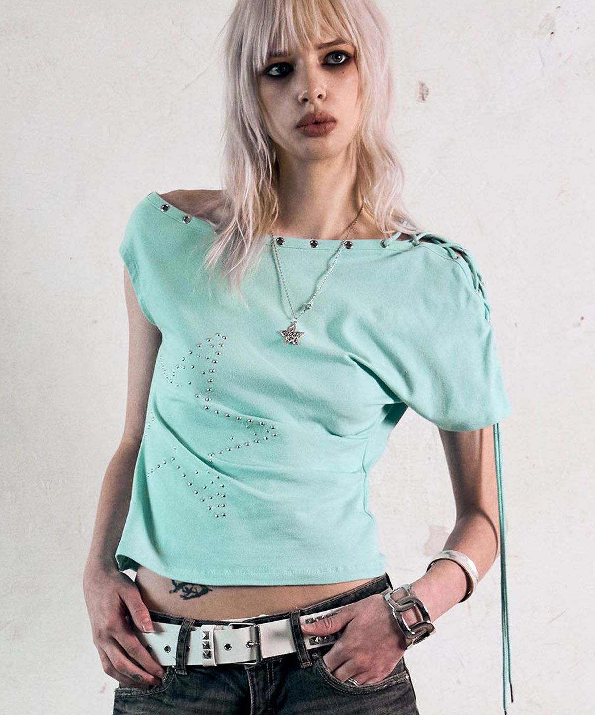 낫노잉(NOTKNOWING) One Shoulder Lace Up Top (MINT)
