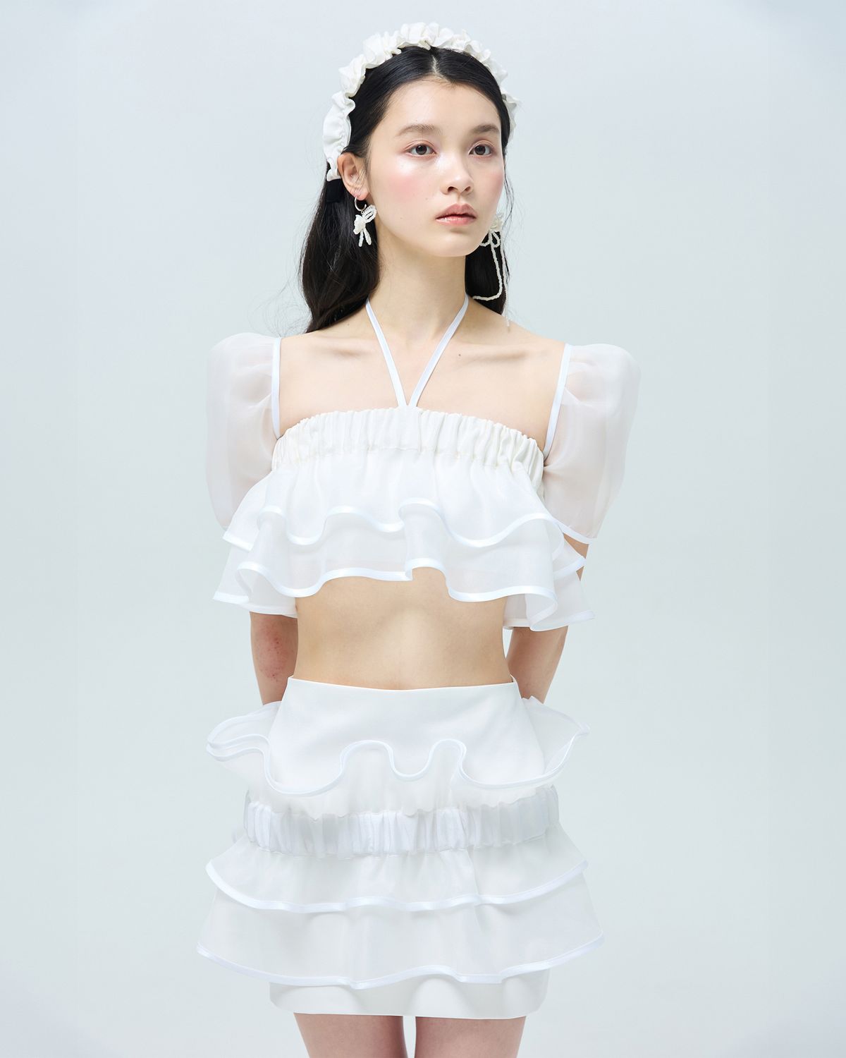 러뷰이(LOVUEE) 오간자 리플 레이어드 스커트 화이트