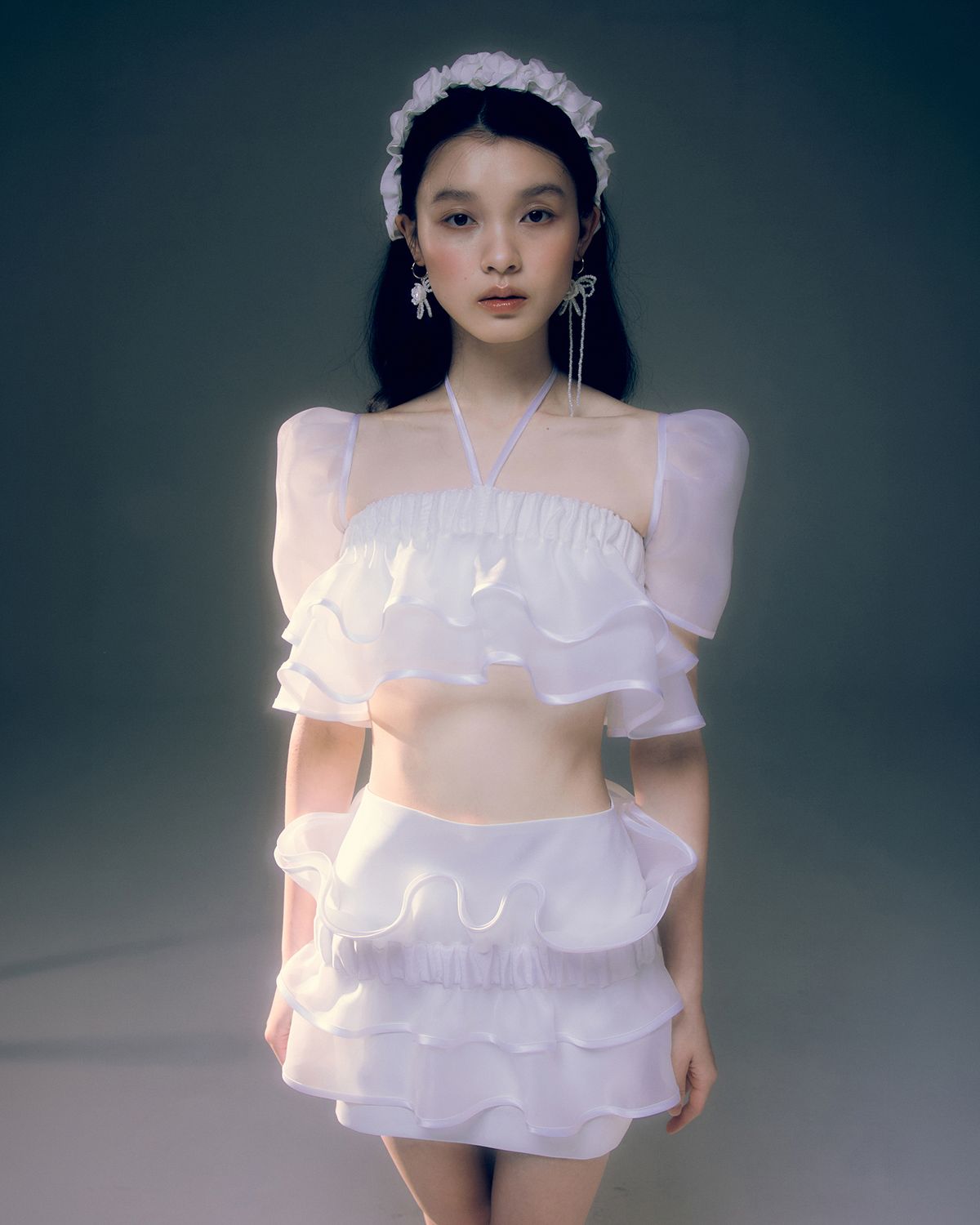 러뷰이(LOVUEE) 오간자 리플 레이어드 스커트 화이트