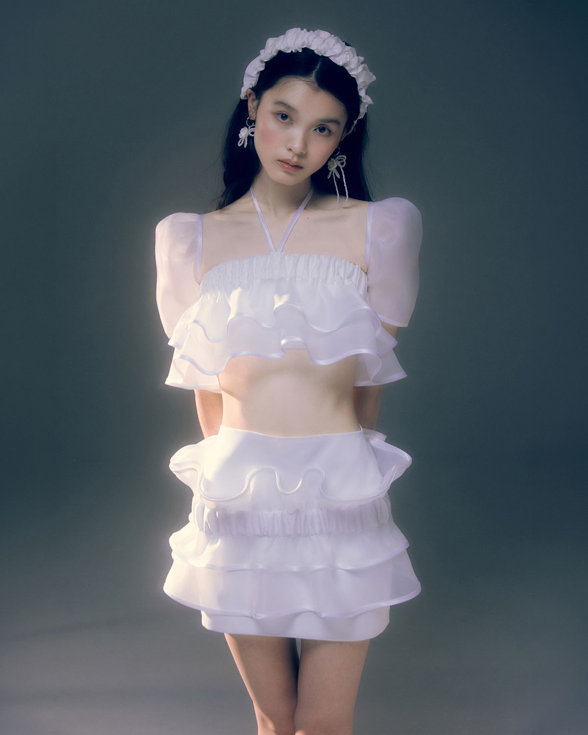 러뷰이(LOVUEE) 오간자 리플 레이어드 스커트 화이트