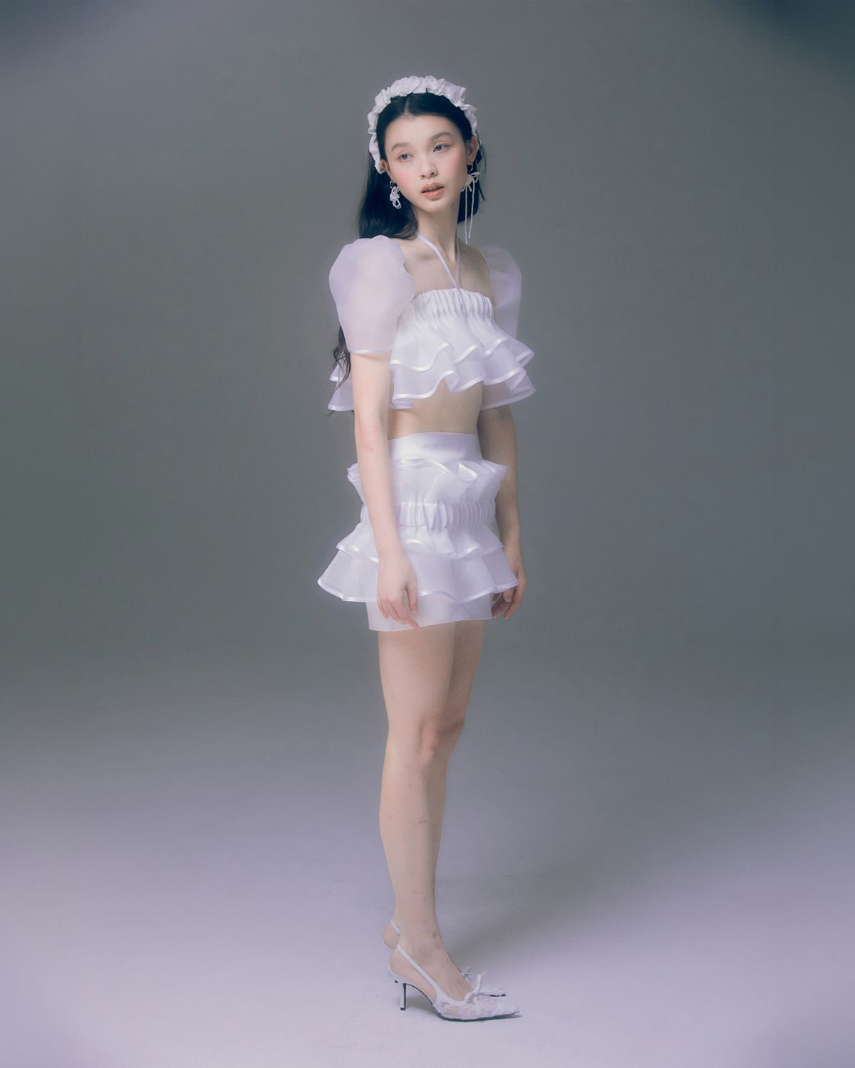 러뷰이(LOVUEE) 오간자 리플 레이어드 스커트 화이트