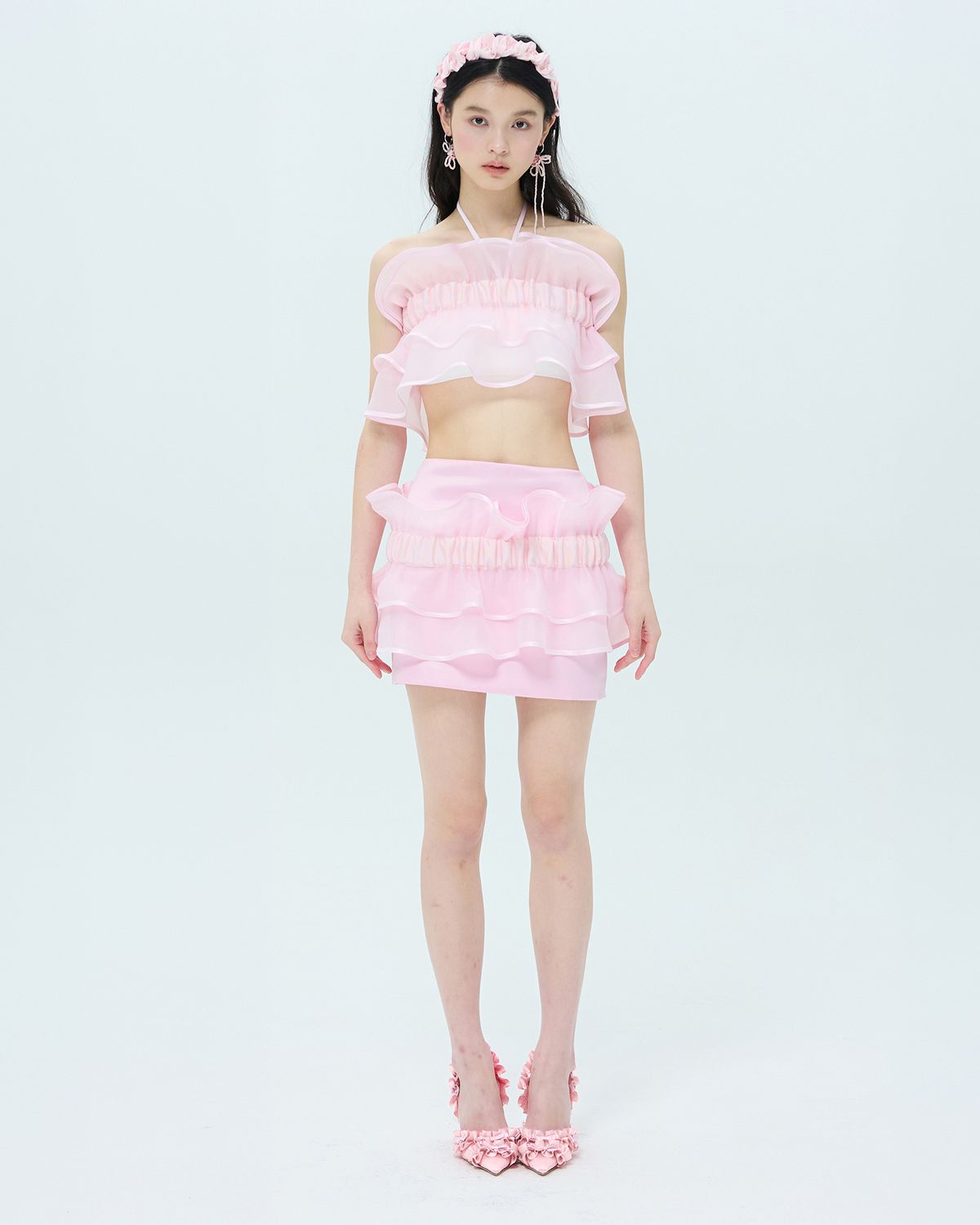 러뷰이(LOVUEE) 오간자 리플 레이어드 스커트 핑크