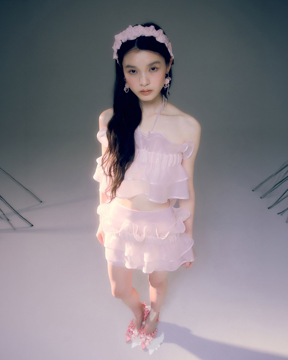 러뷰이(LOVUEE) 오간자 리플 레이어드 스커트 핑크