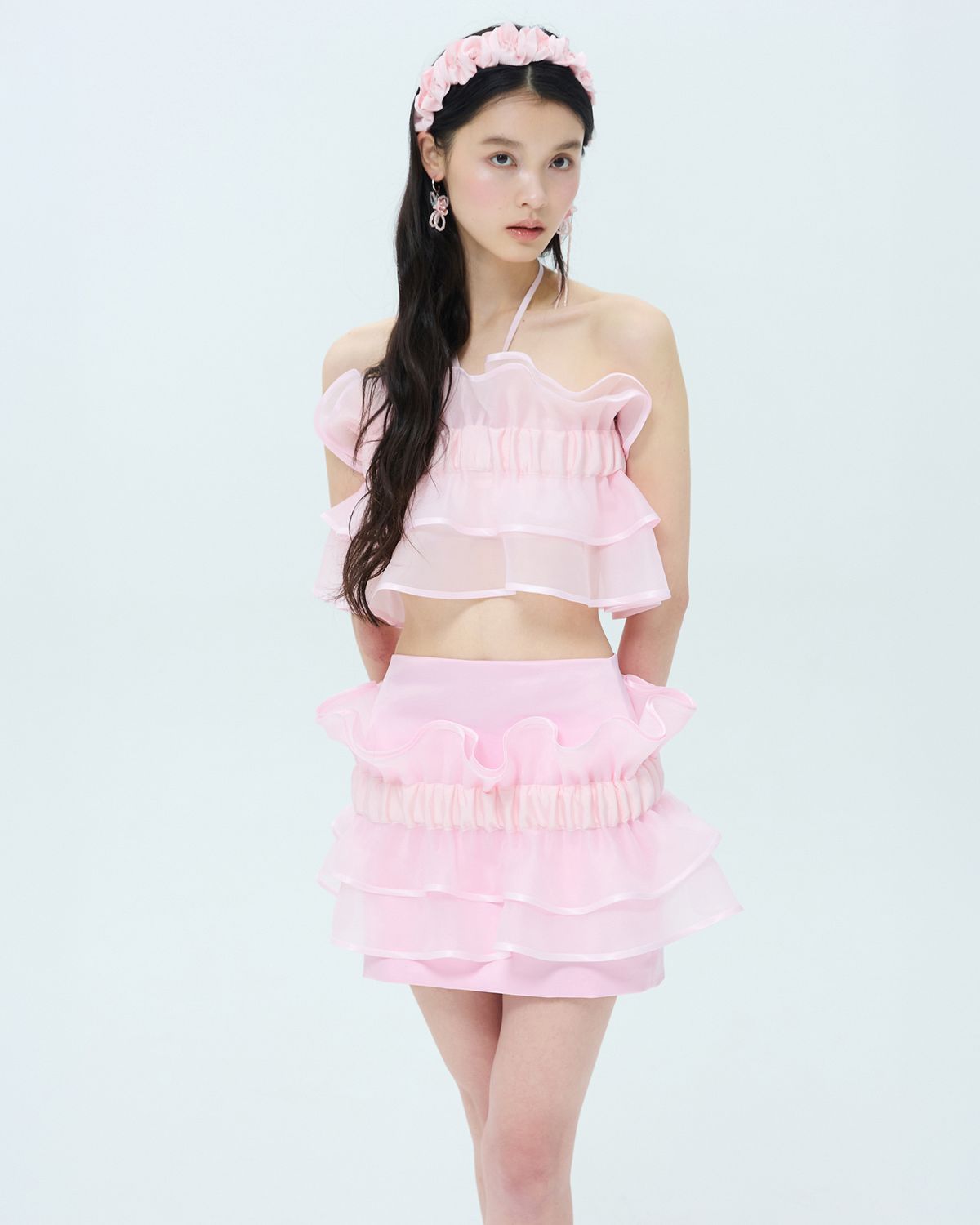 러뷰이(LOVUEE) 오간자 리플 탑 핑크