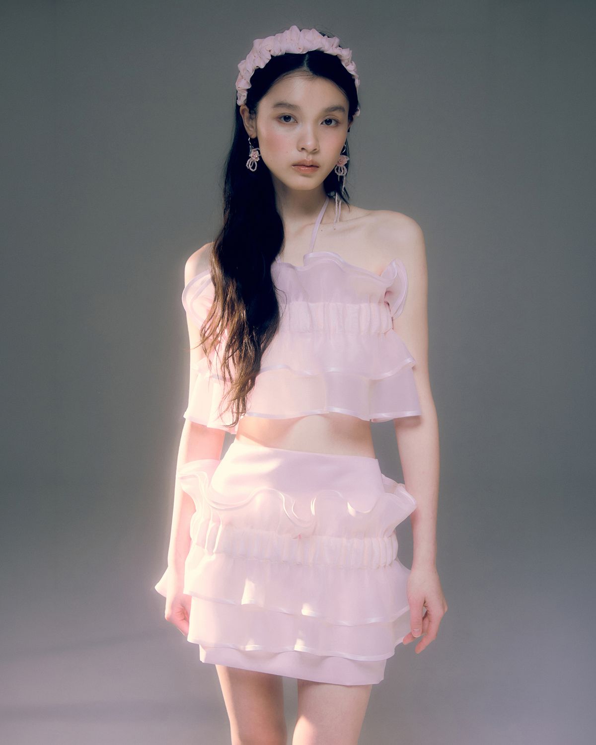 러뷰이(LOVUEE) 오간자 리플 탑 핑크