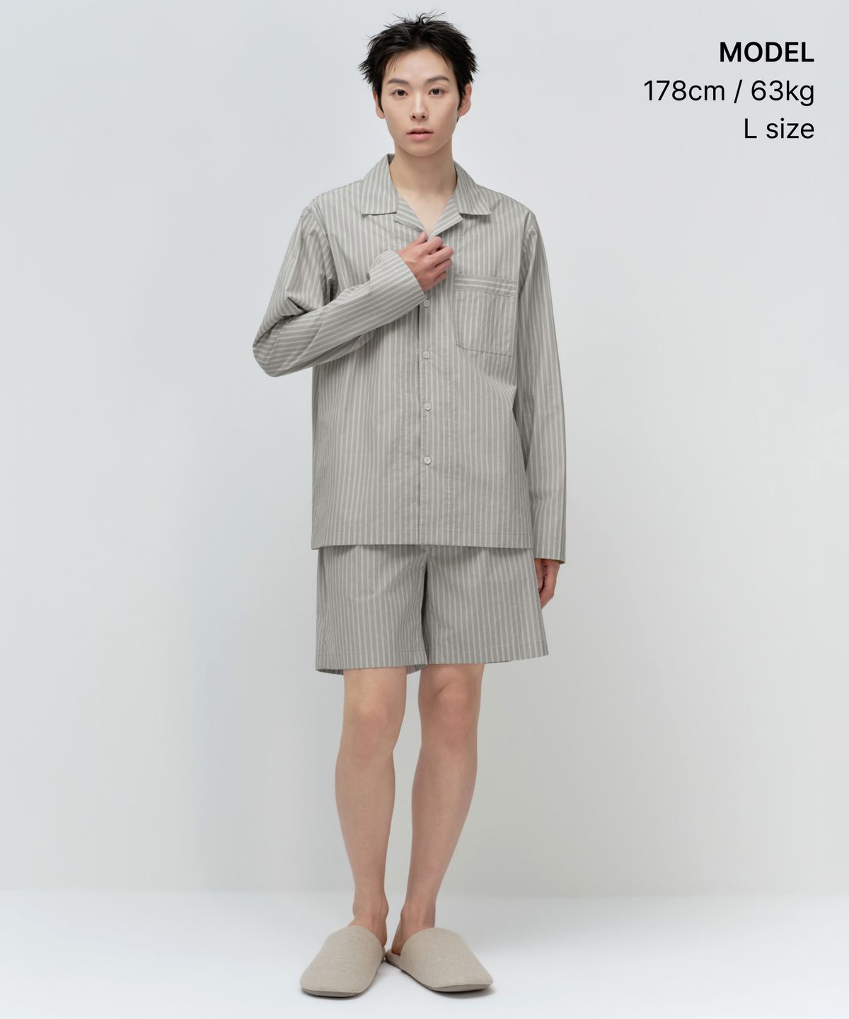 무신사 스탠다드(MUSINSA STANDARD) 스트라이프 포플린 파자마 세트 [그레이/화이트]