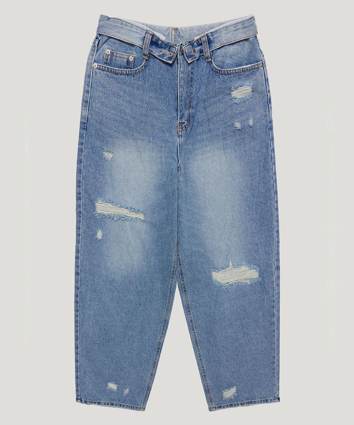 우네씬(UUNE SCENE) Fold-over Waist Distressed Denim Pants